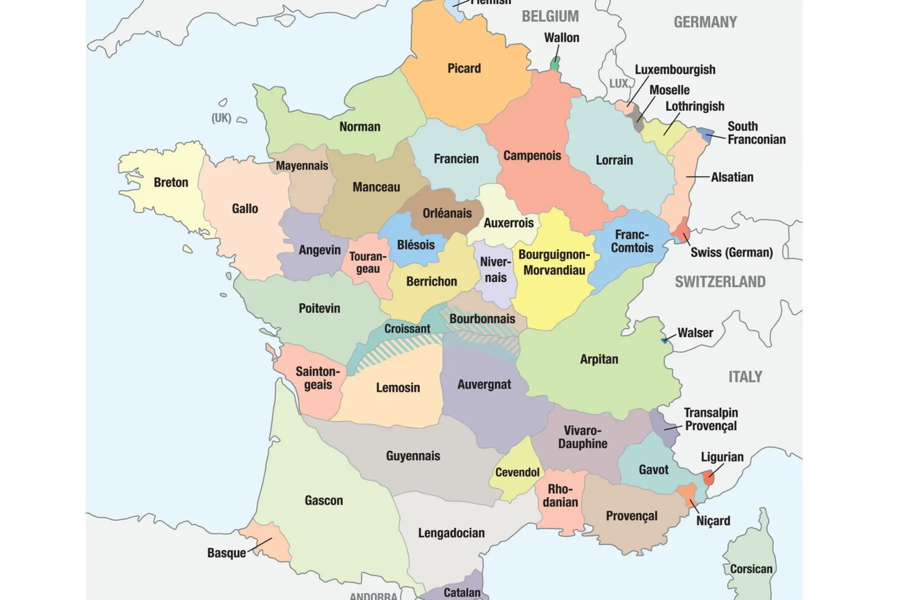 map of main dialects and where they are spoken across France