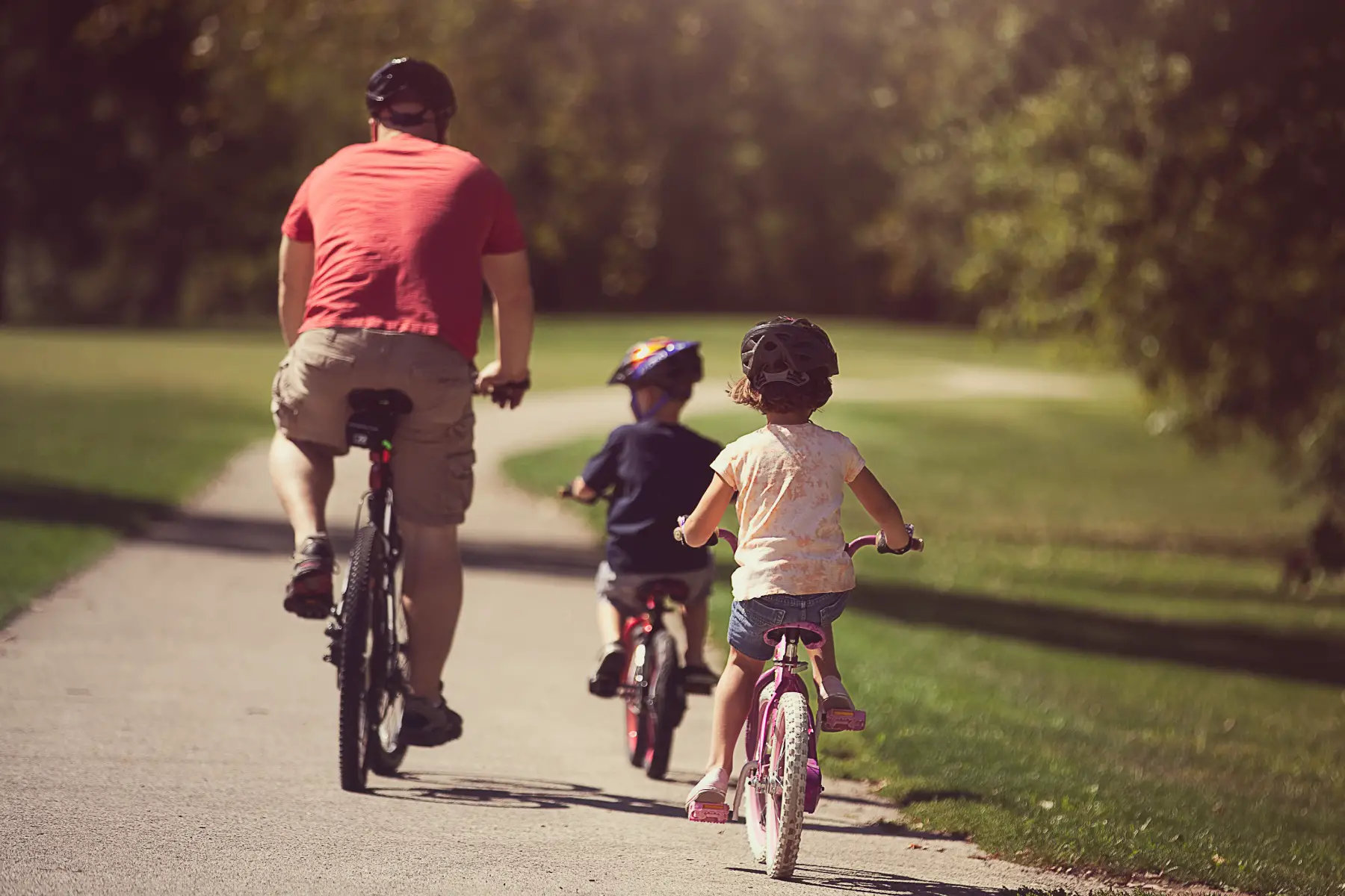 a shot of a father and his son and daughter riding a bike from behind