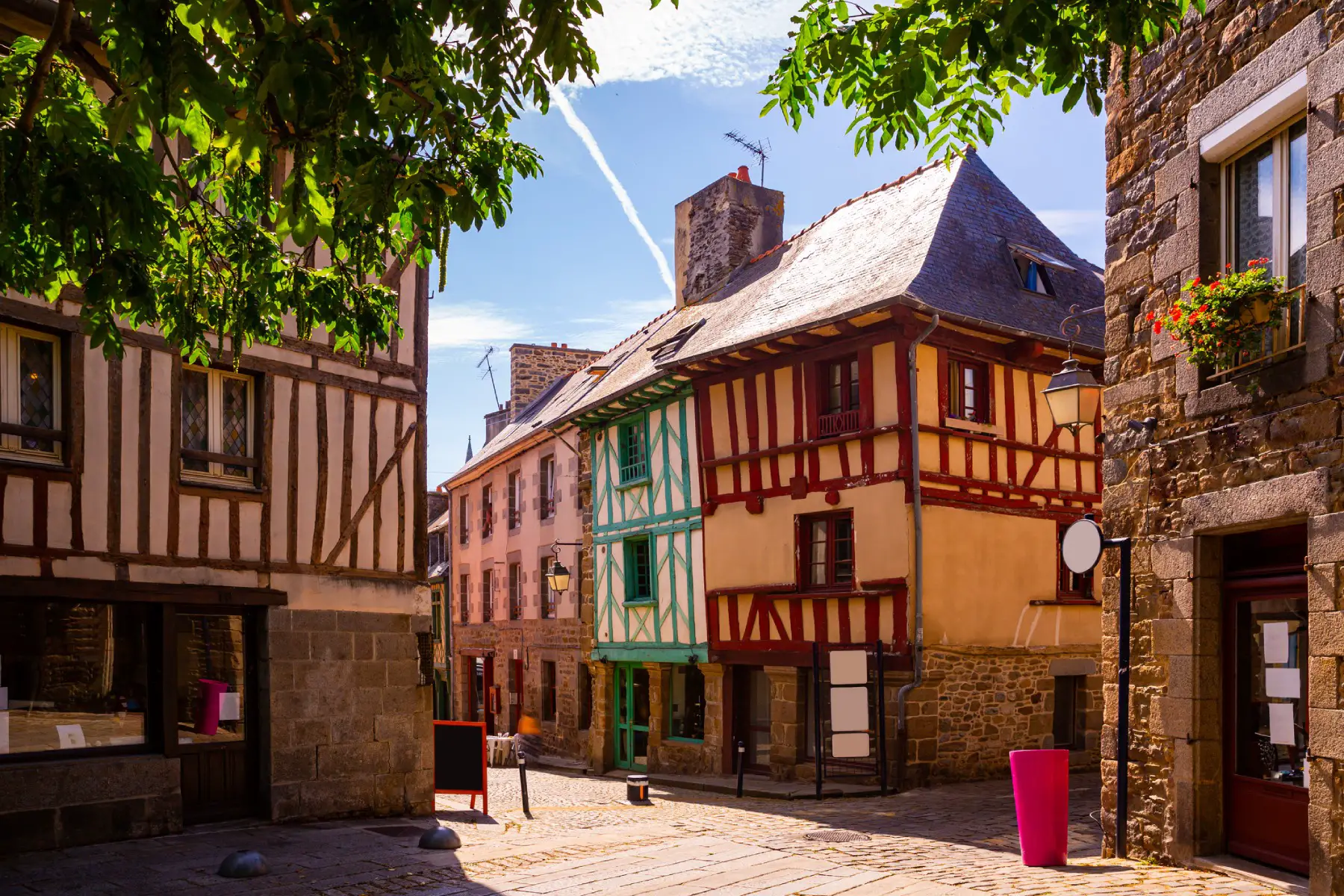 a quiet narrow street lined with beautiful ancient half-timbered houses in the historic center of Saint-Brieuc in Brittany