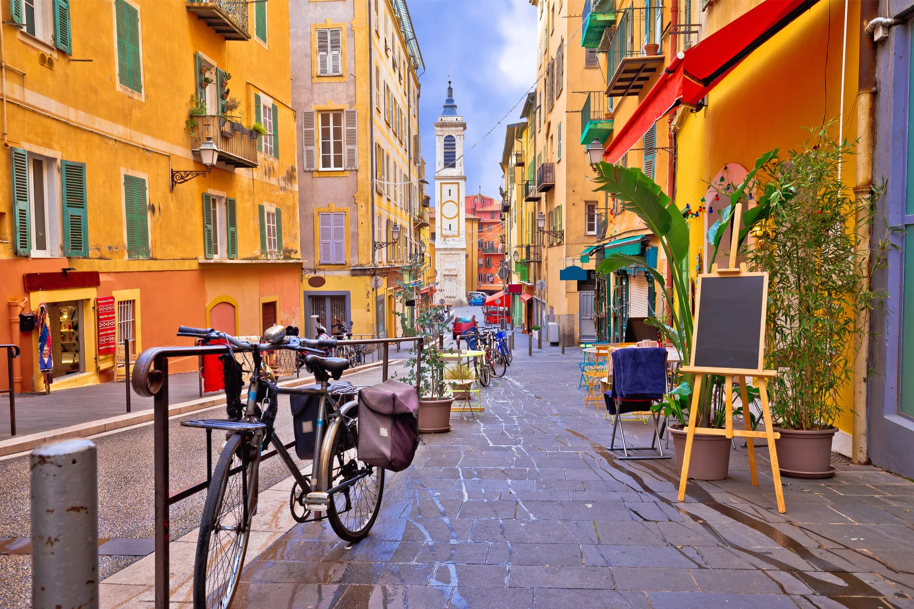 a colorful street in Nice, France