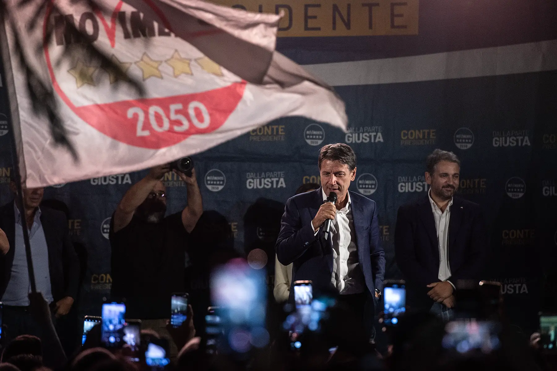 Five Star Movement leader Giuseppe Conte speaking at a rally in September 2022