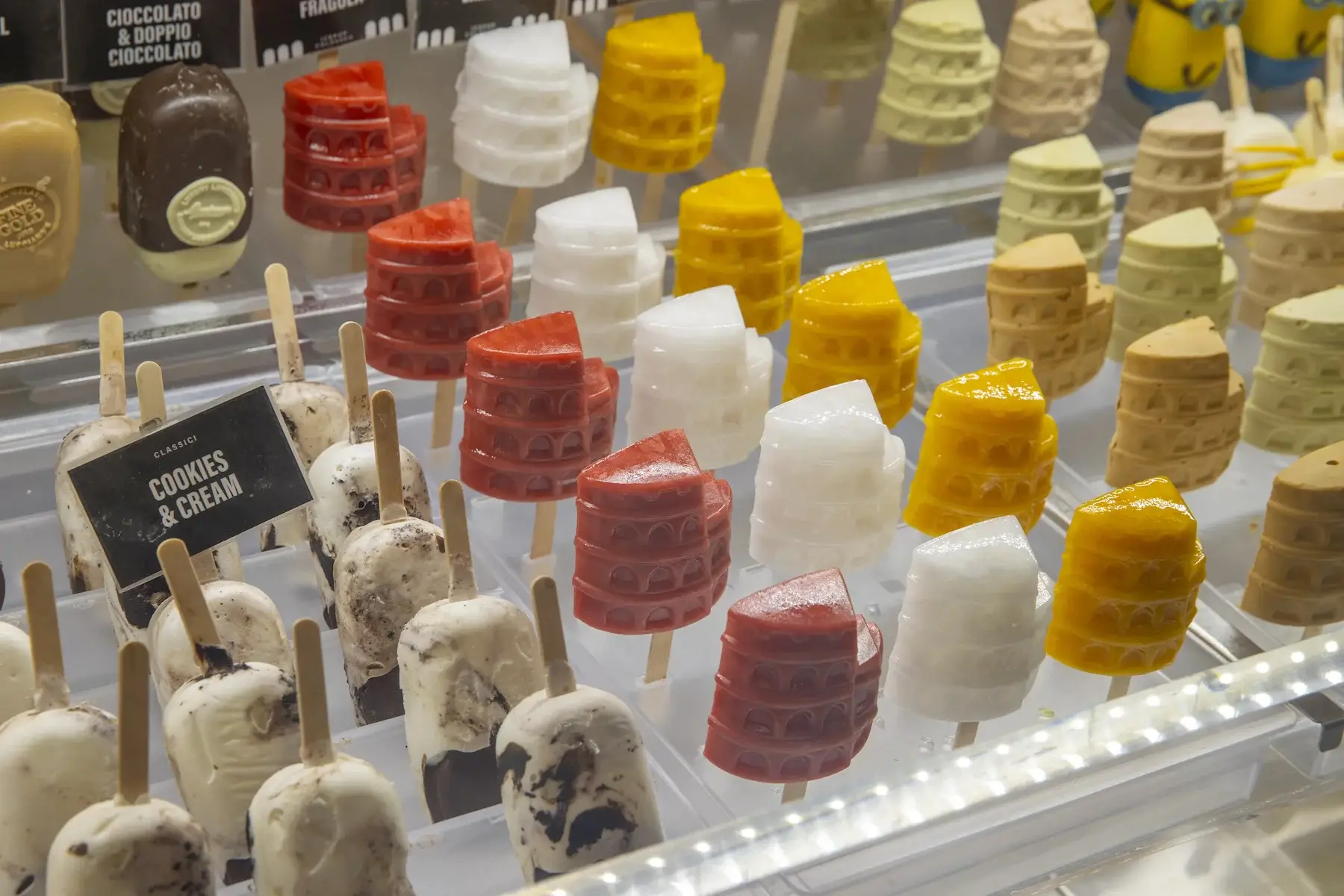 An assortment of gelato frozen onto sticks in Rome