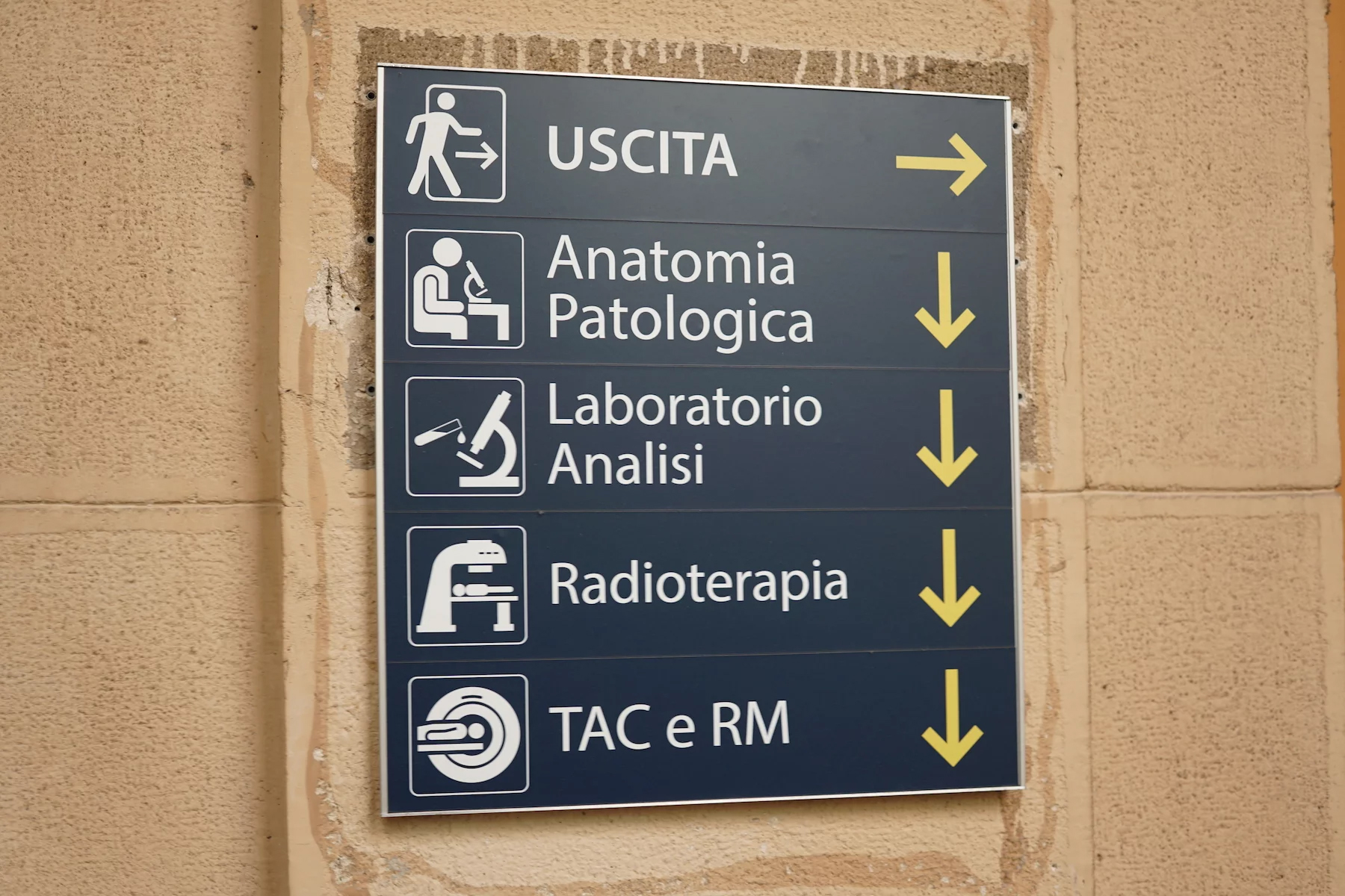 Italian hospital sign displays directions of various medical departments