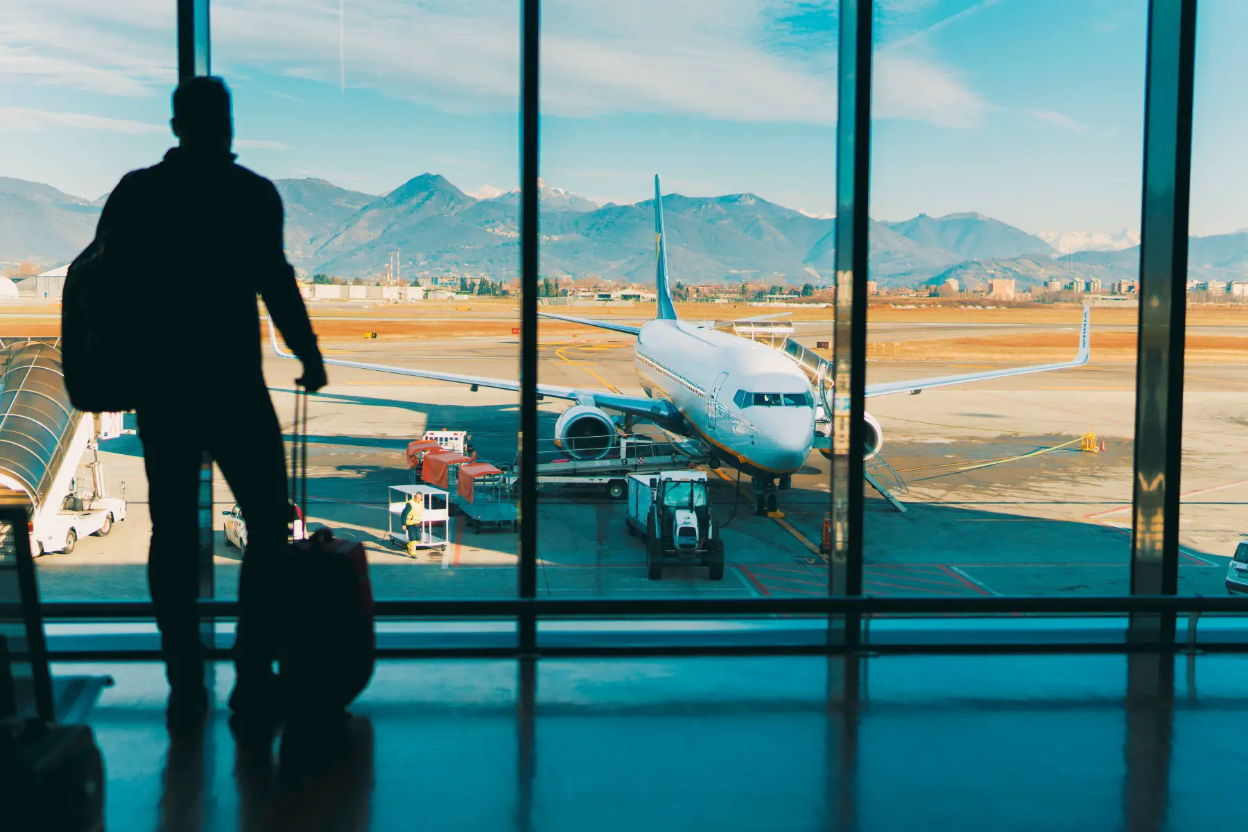 Dark silhouette of a person with a suitcase, looking at the plane outside.