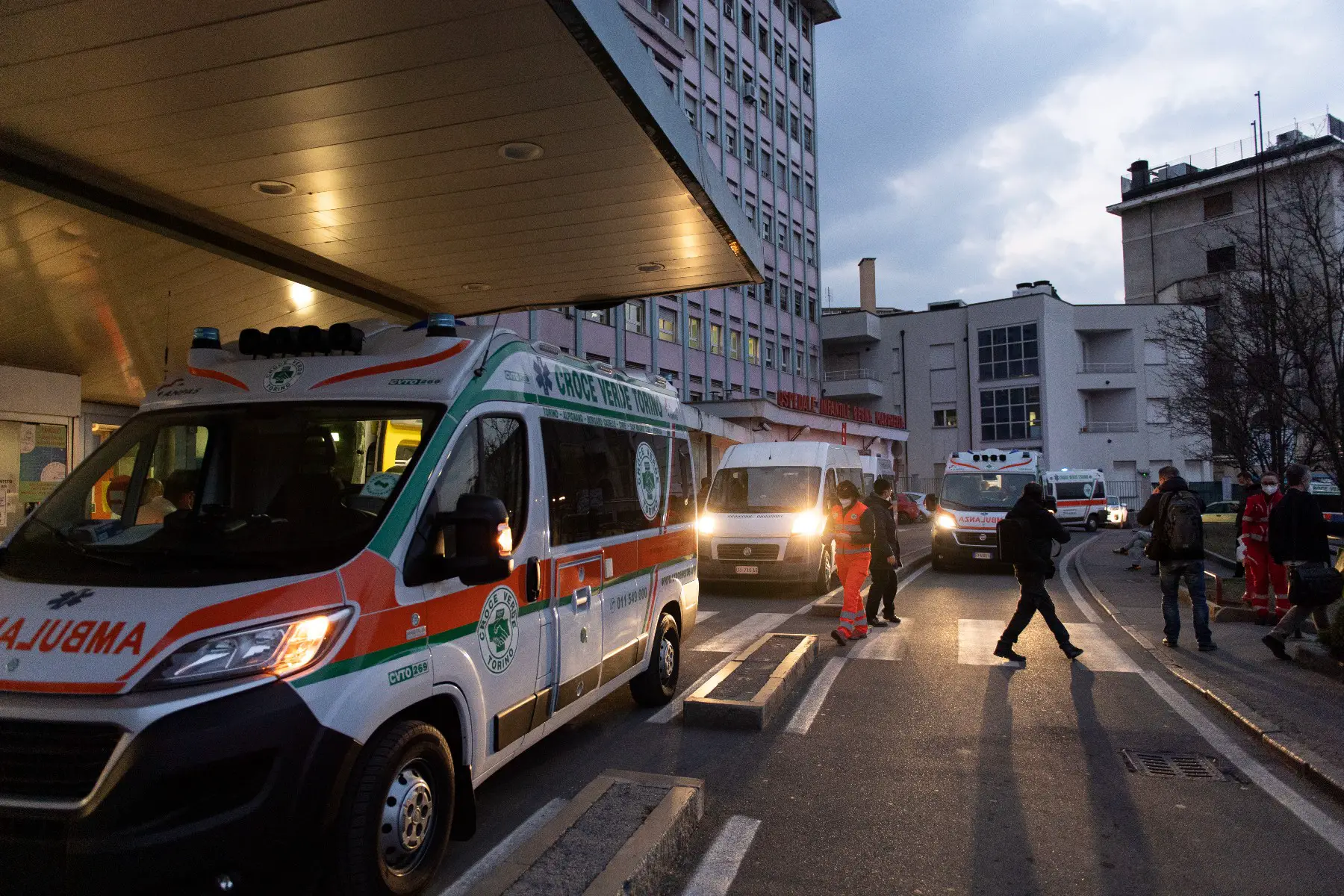 Ambulances standing in front of the Regina Margherita Children's Hospital in Torino, Italy.