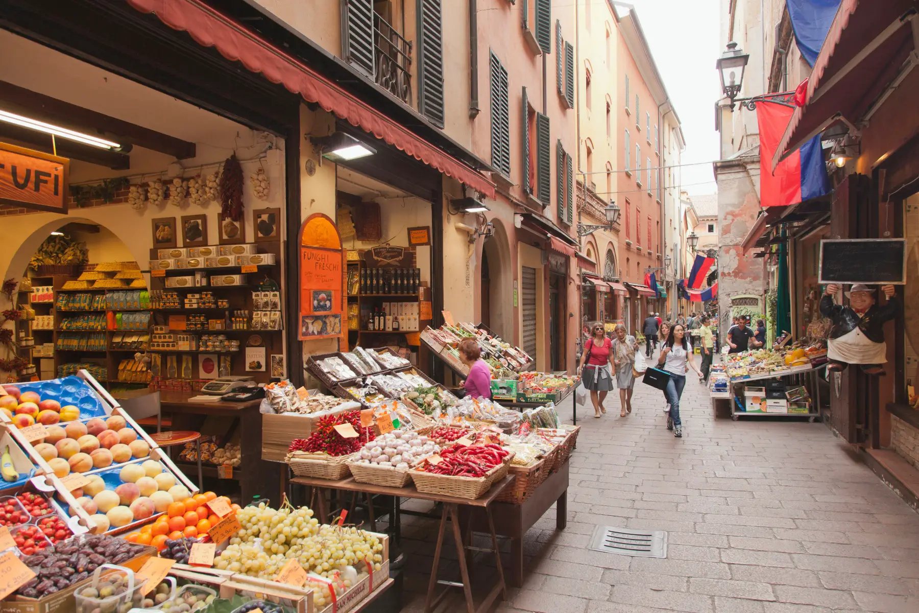 A street and market in Bologna, Italy ( Mercato della Piazzola)