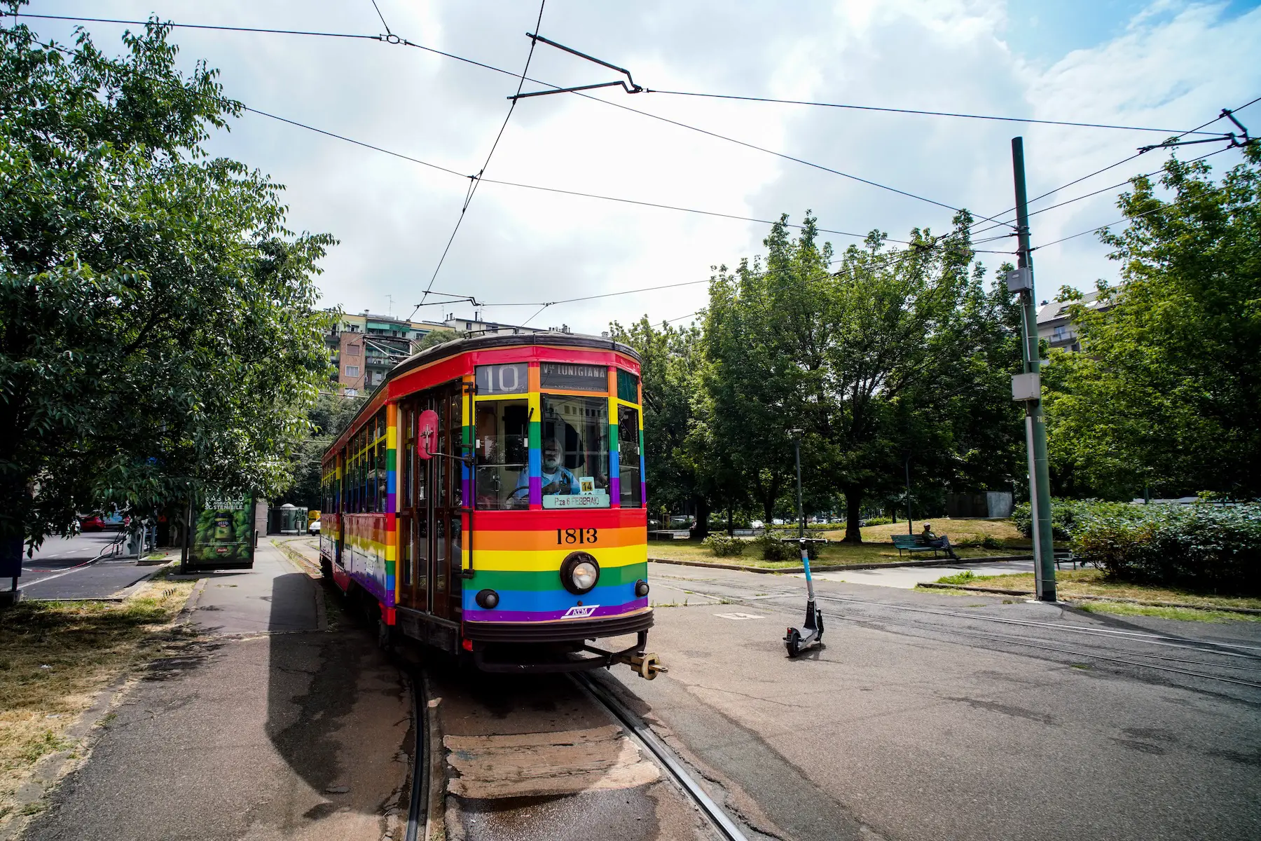 A rainbow-painted tram drives down the streets of Milan decorated especially for Pride Week 2022
