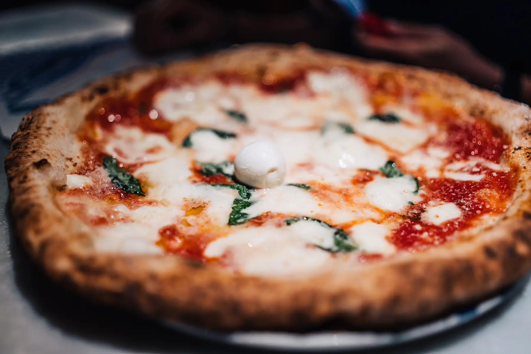 Pizza Napoletana – a pizza with tomato sauce, melted mozerella, and wilted basil leaves