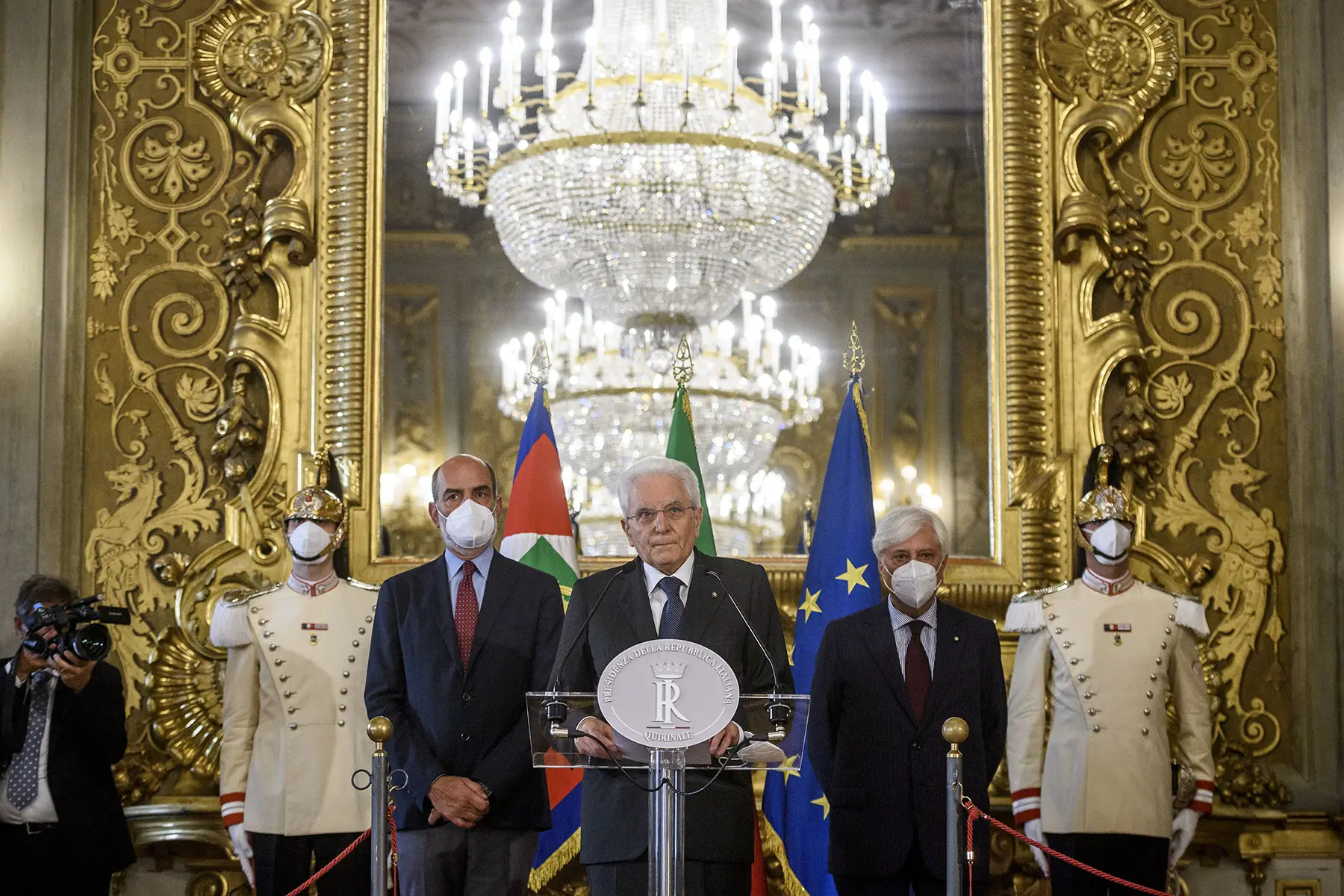 Italian President Sergio Mattarella speaks to the press after PM Mario Draghi resigned in July 2022