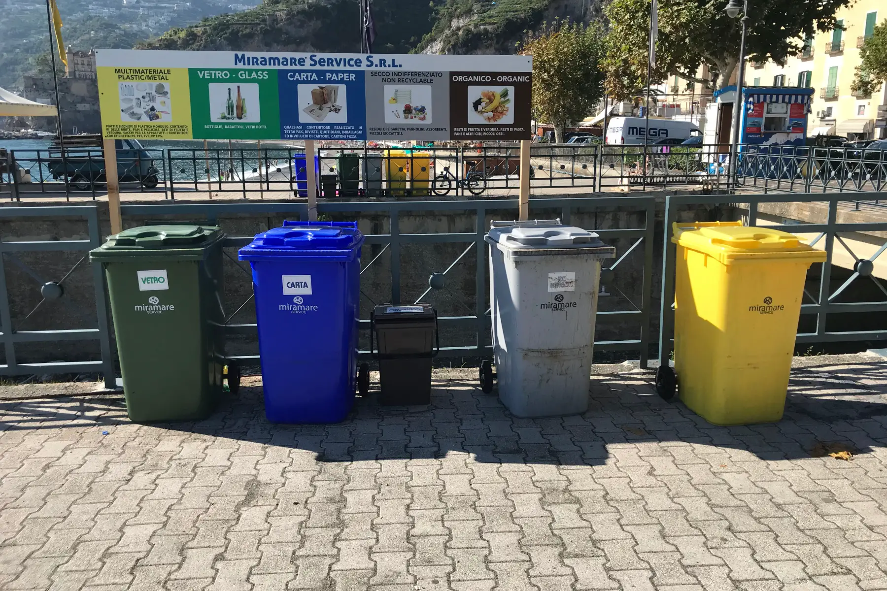 Public recycling bins in Maiori, Italy.