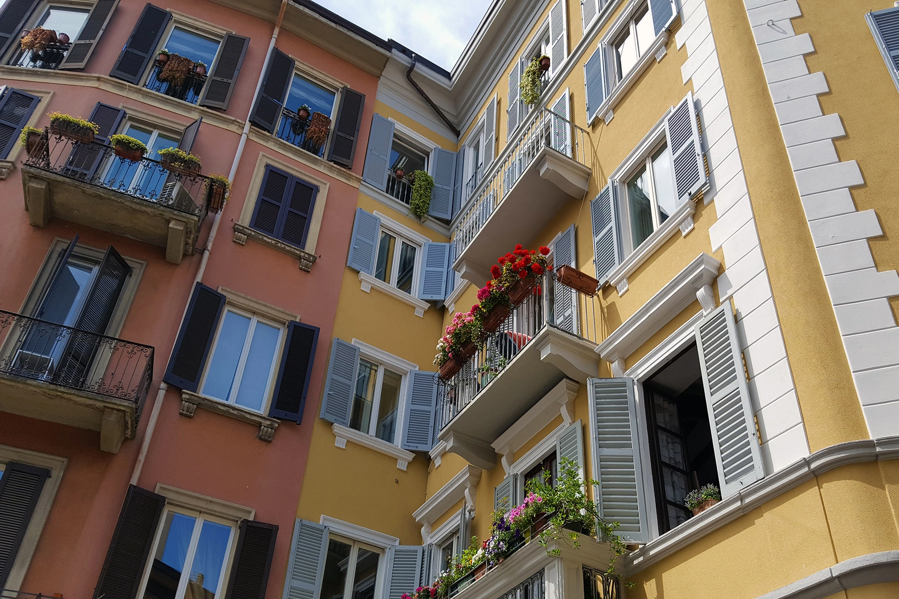 View from below of traditional residential buildings in the Brera district in Milan