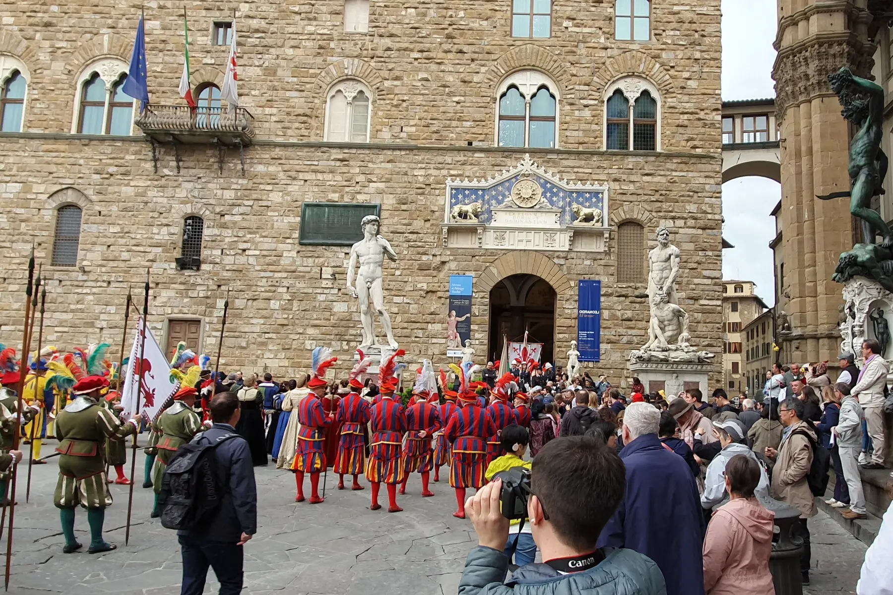 Crowds of spectators gathering before the Scoppio del Carro parade in Florence