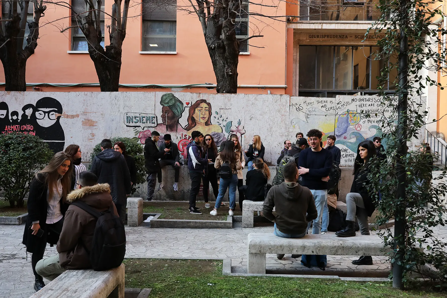 Students at Sapienza Università di Roma socializing outside
