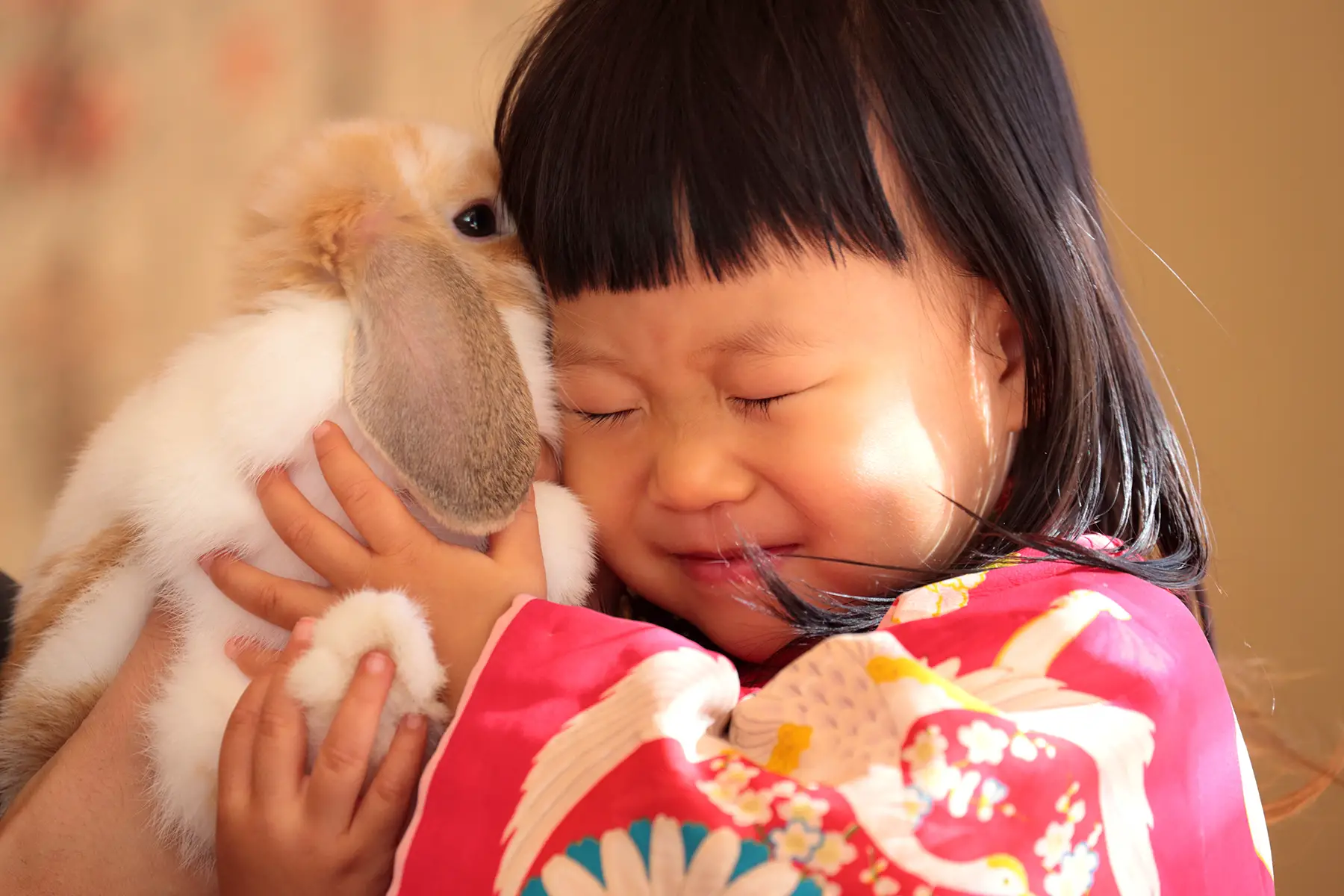 A young child hugging a rabbit