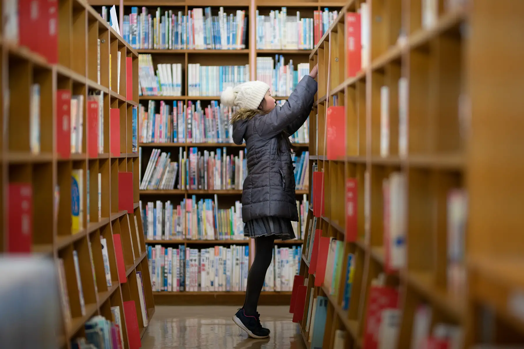 A young girl standing on tiptoe to choose a book in a library