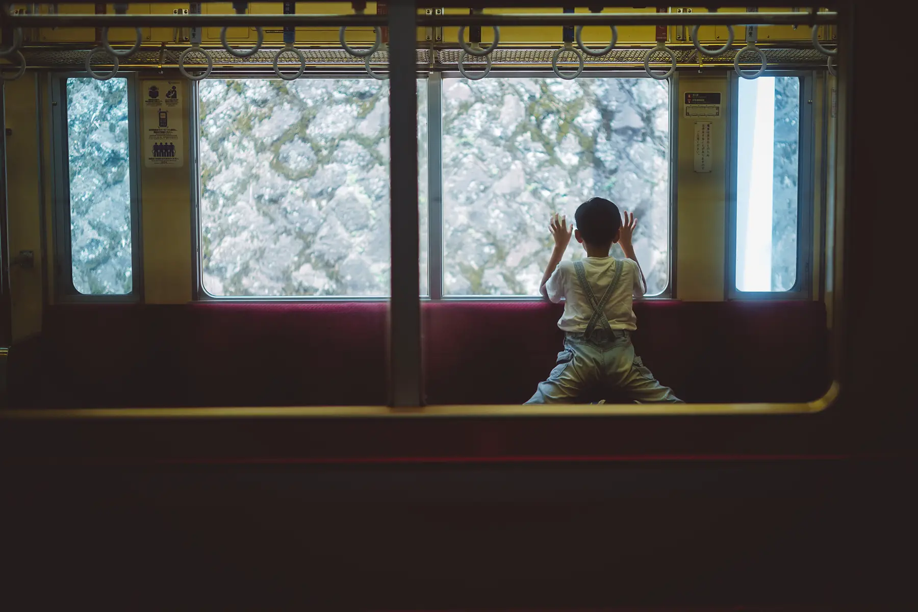 The silhouette of a child looking out a train window with both hands on the window - can only see their back, no other passengers in the carriage