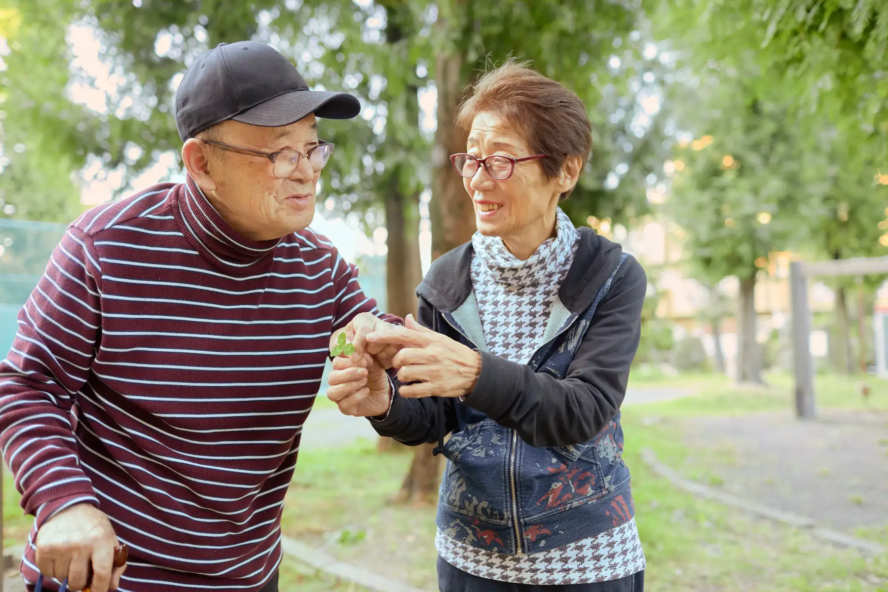 An older couple takes a walk through the park; the woman is handing the man a clover