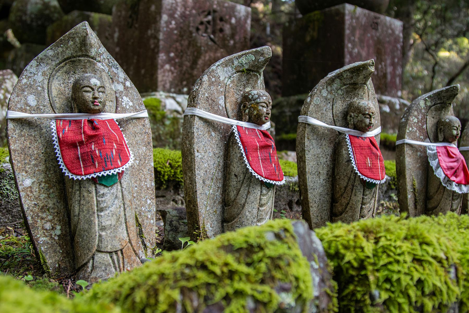 Small Jizo statues wearing (what looks like) bibs in the sacred Okunoin Cemetery in Koyasan, Japan.