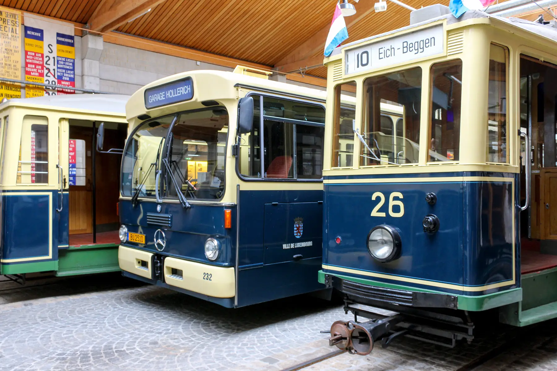 Trams and buses at the Tram and Bus Museum in Luxembourg