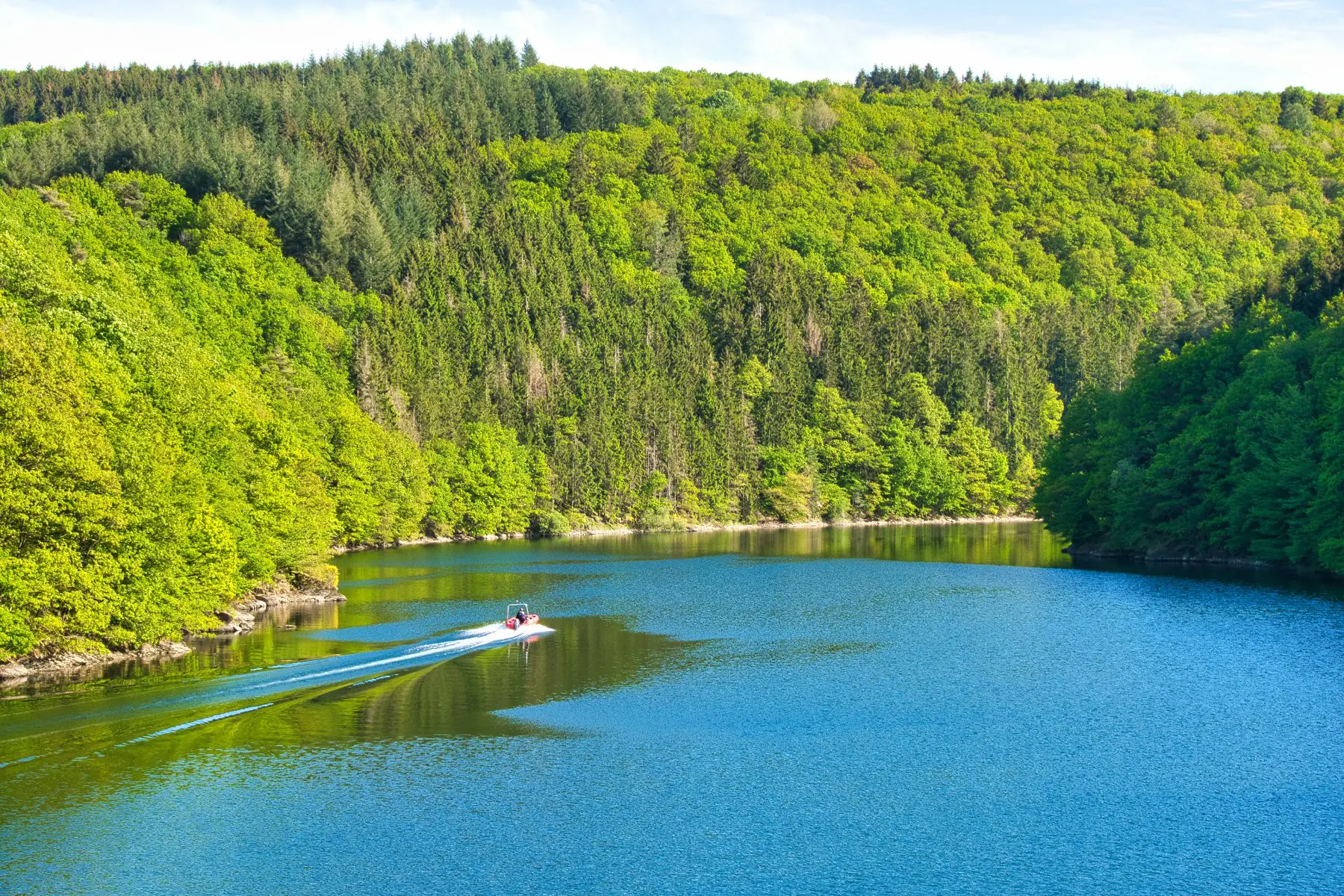 a boat sailing along the Upper-Sûre lake in the Upper Sûre Natural Park in north-western Luxembourg