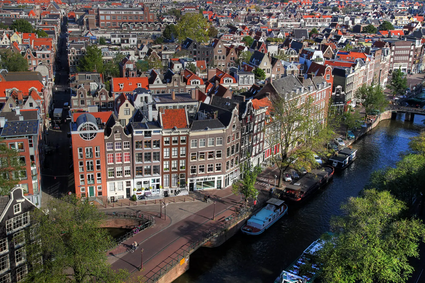 An aerial view of canal houses in Amsterdam
