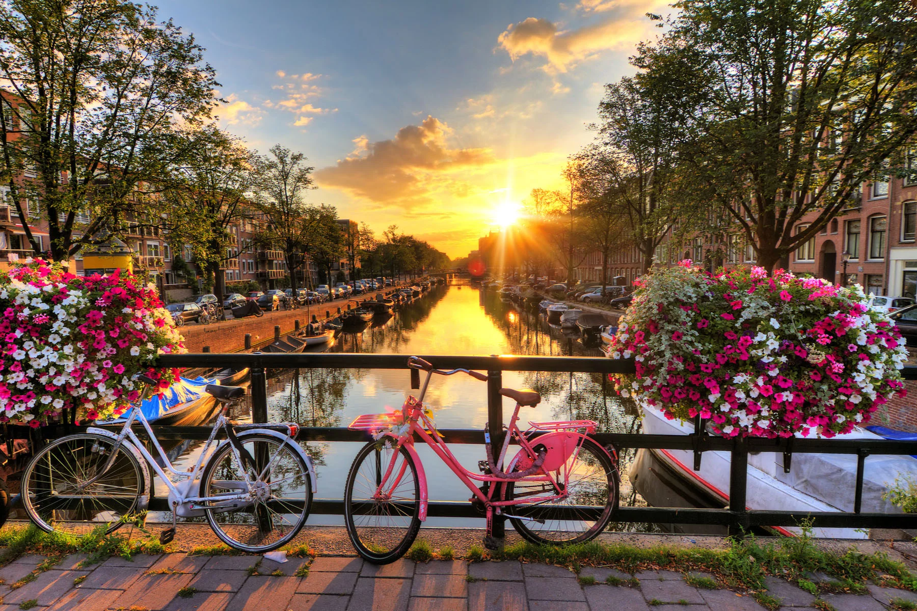 bikes on a bridge over a canal in Amsterdam, Netherlands, at sunrise