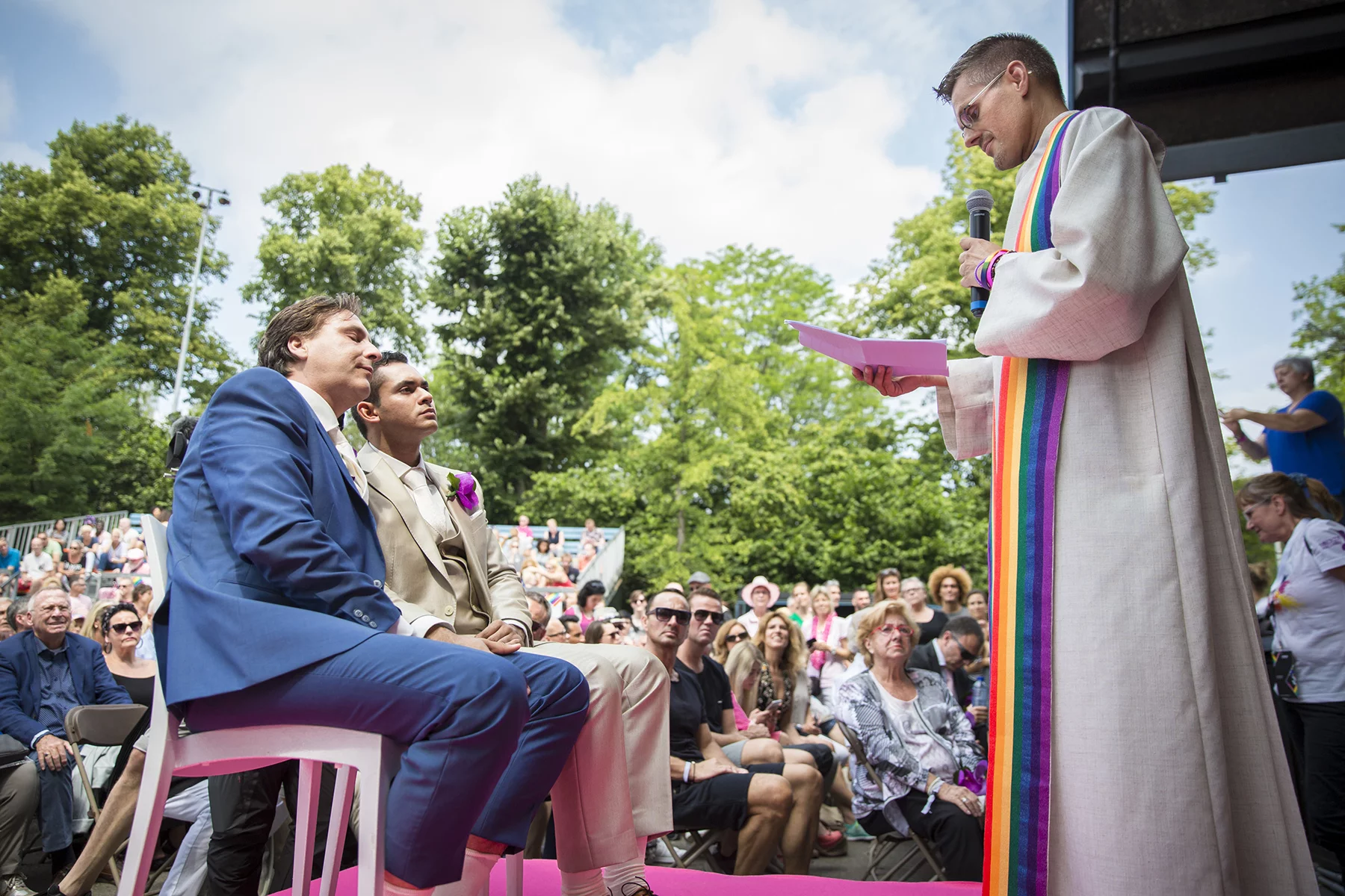 A gay couple at their wedding ceremony in the Vondelpark, Amsterdam