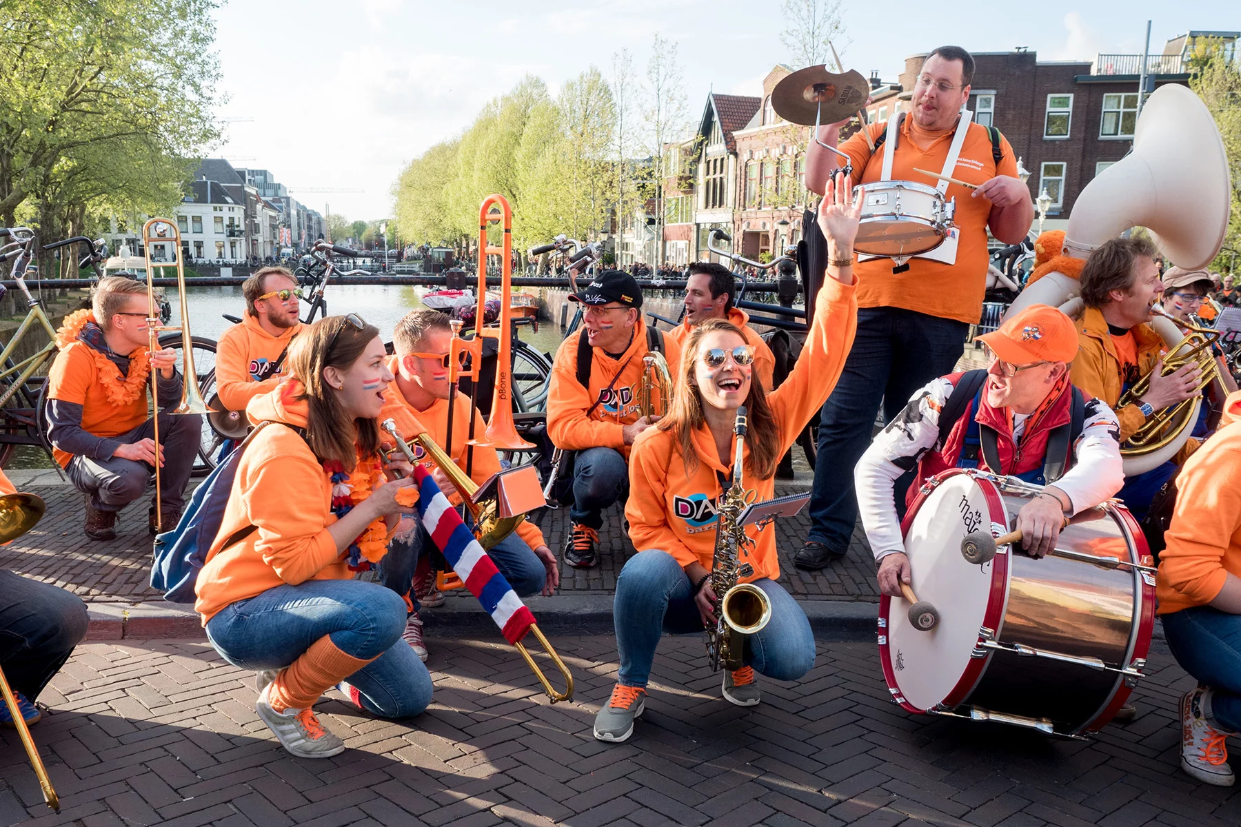 Brass band playing in Utrecht on King's Day