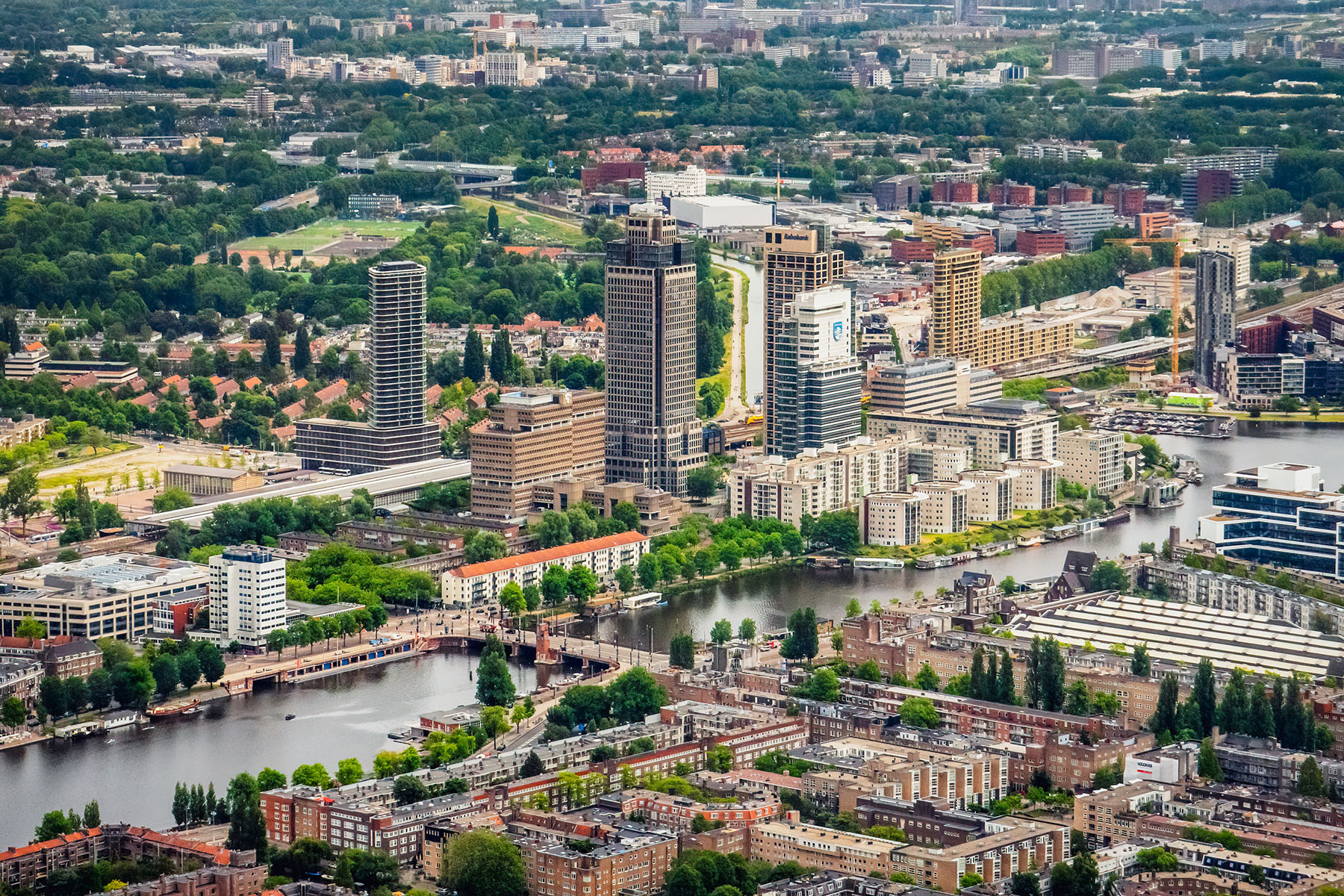 Areal view of high-rise office buildings in Amsterdam.