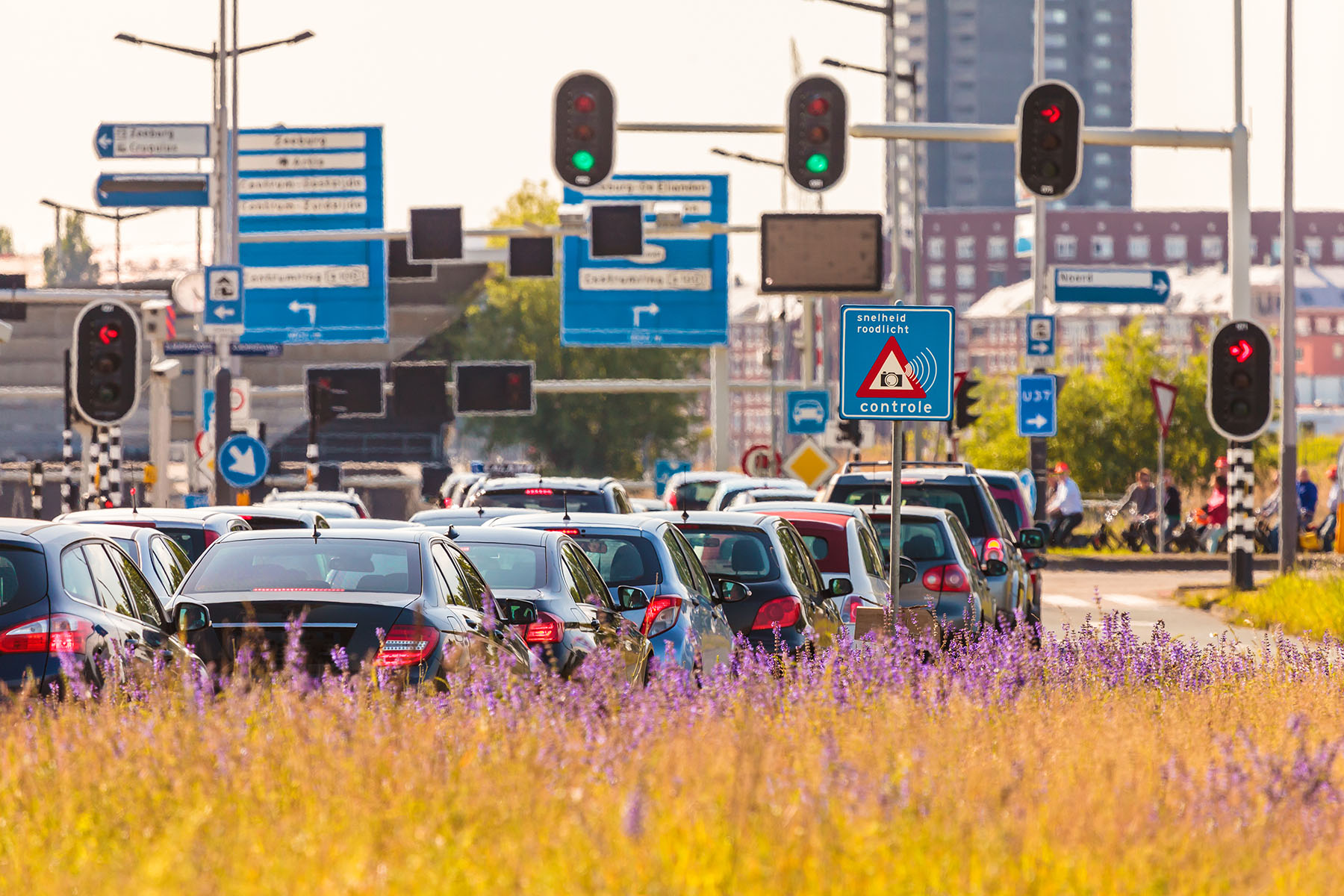 Long line of cars standing in front of a red light in Amsterdam, the Netherlands.