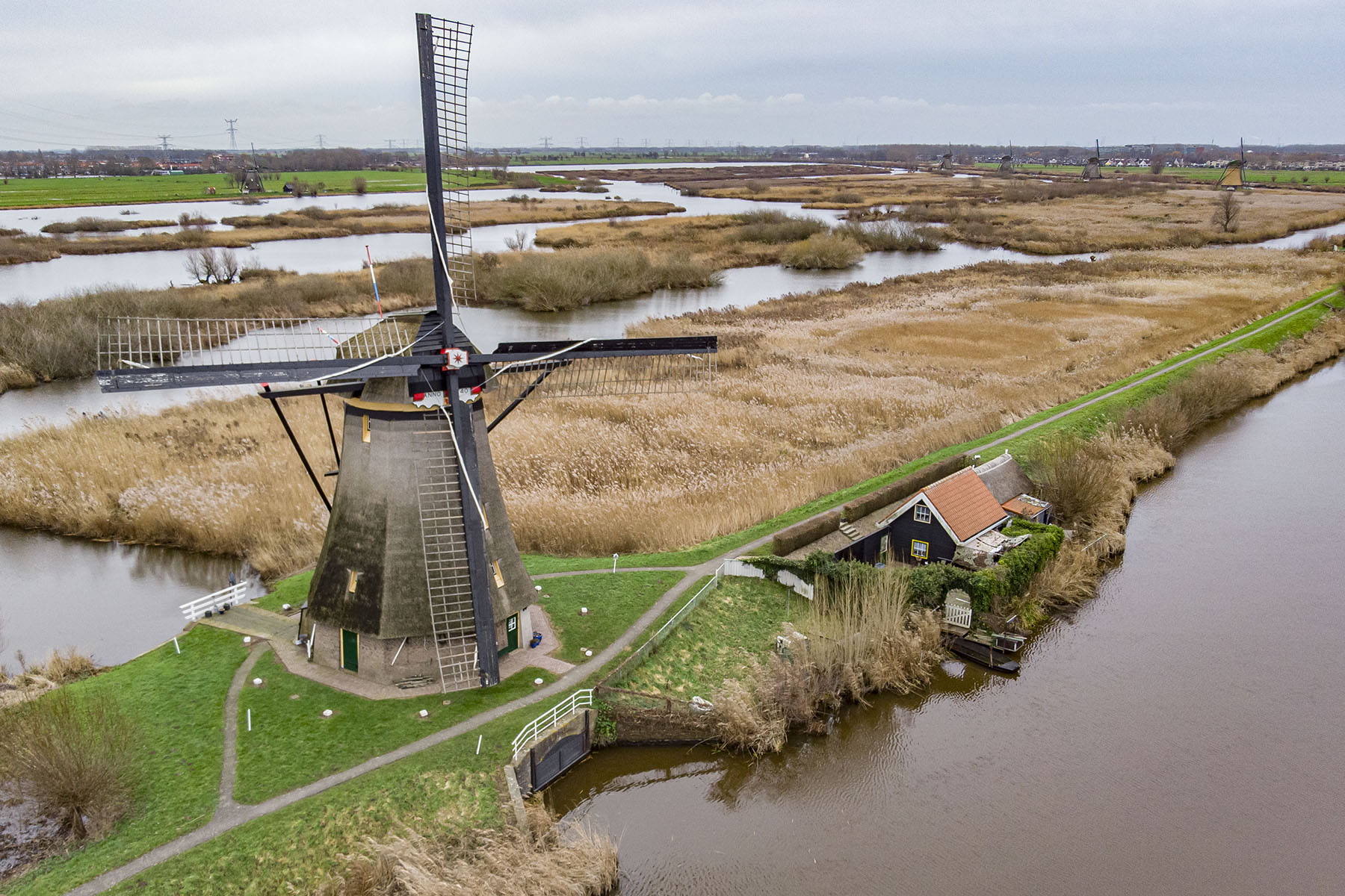 View of stereotypical windmills in the Netherlands. 