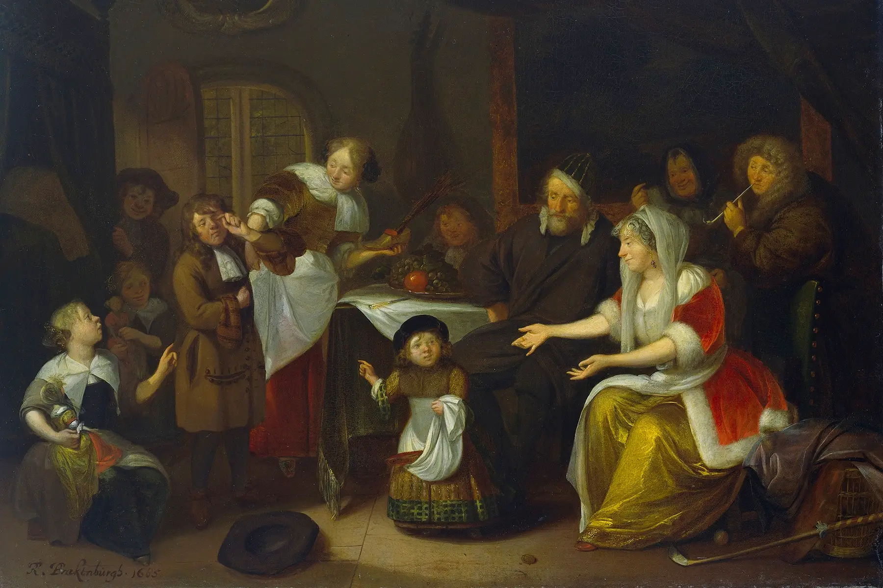 Het Sint Nicolaasfeest by Richard Brakenburg (painted in 1685) depicts a family celebrating. One of the boys is crying, because he received a rod in his shoe.
