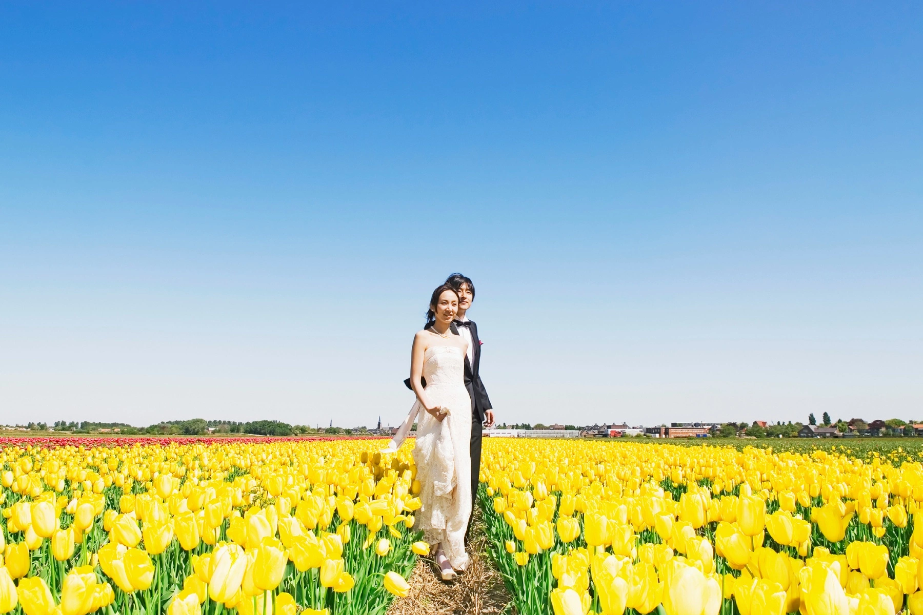 a bride and groom walking through a field of yellow tulips