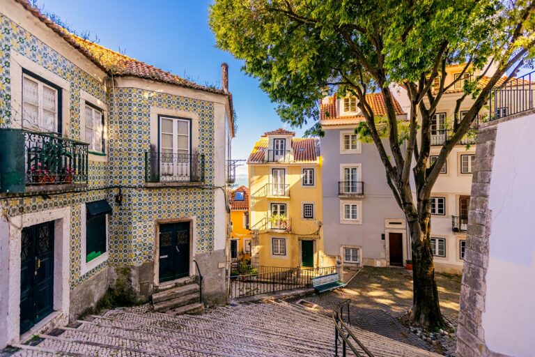 Typical Portuguese houses in the Alfama neighborhood in Lisbon, Portugal, on a sunny day.