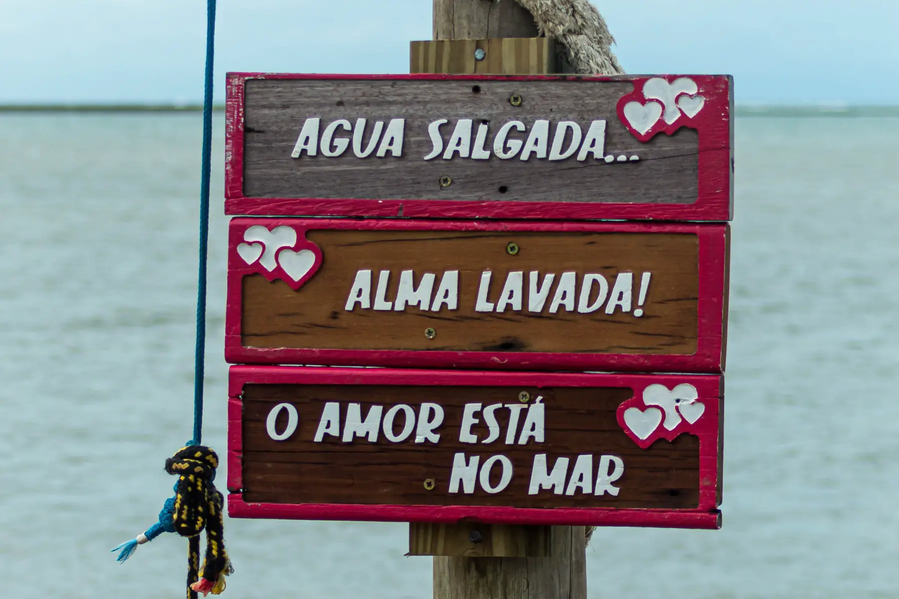 A close-up photo of a playful sign on a beach in Brazil written in Brazilian Portuguese