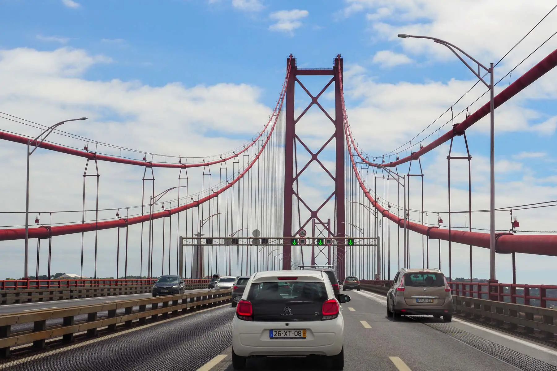 cars crossing suspension bridge outside Lisbon