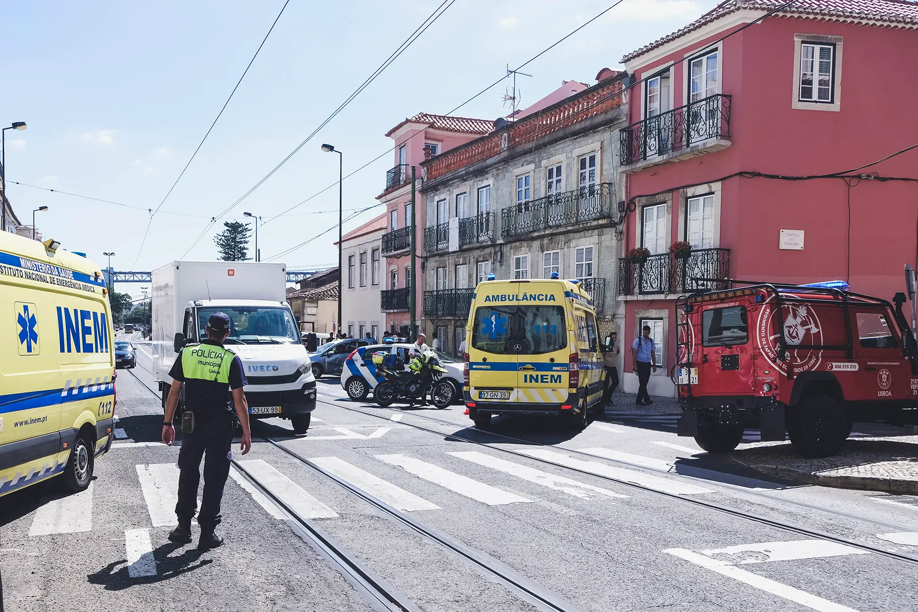 Emergency services responding to a car crash in Lisbon, Portugal