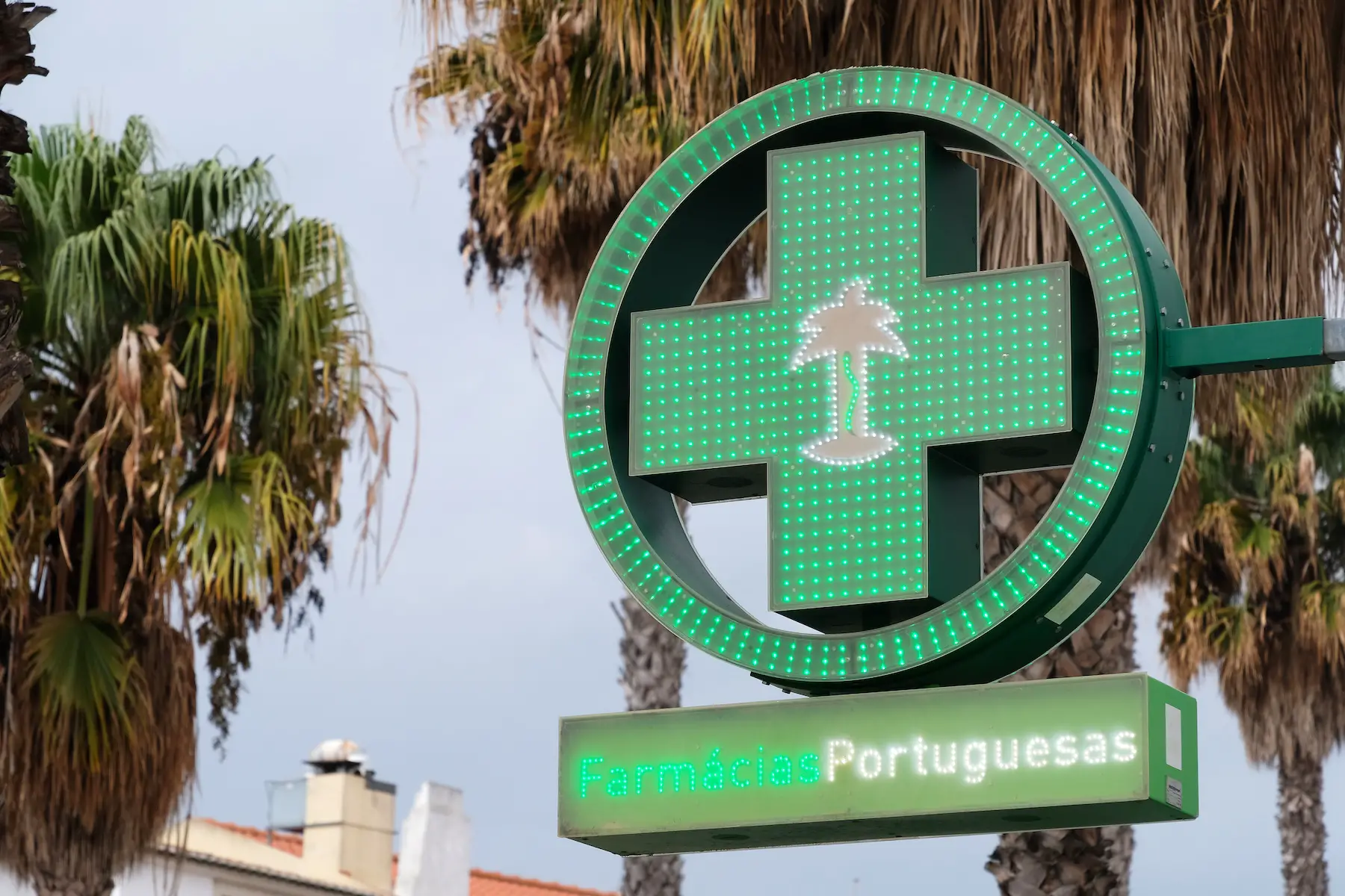 Bright green light up sign outside a Portuguese pharmacy with palm trees in the background