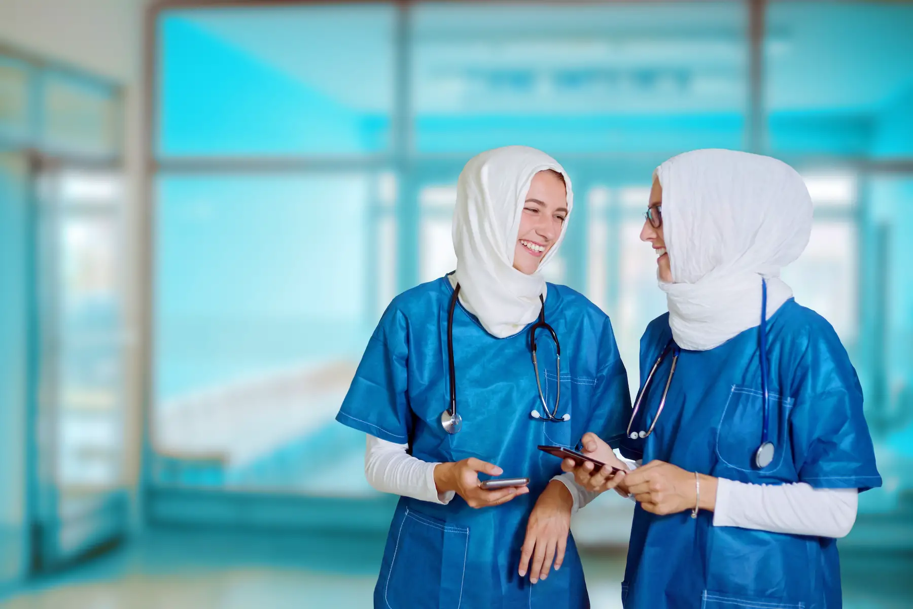 Doctors or nurses in a hospital corridor in Qatar