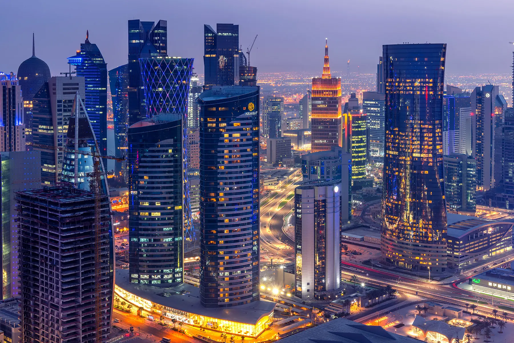 Office towers in Doha at dusk