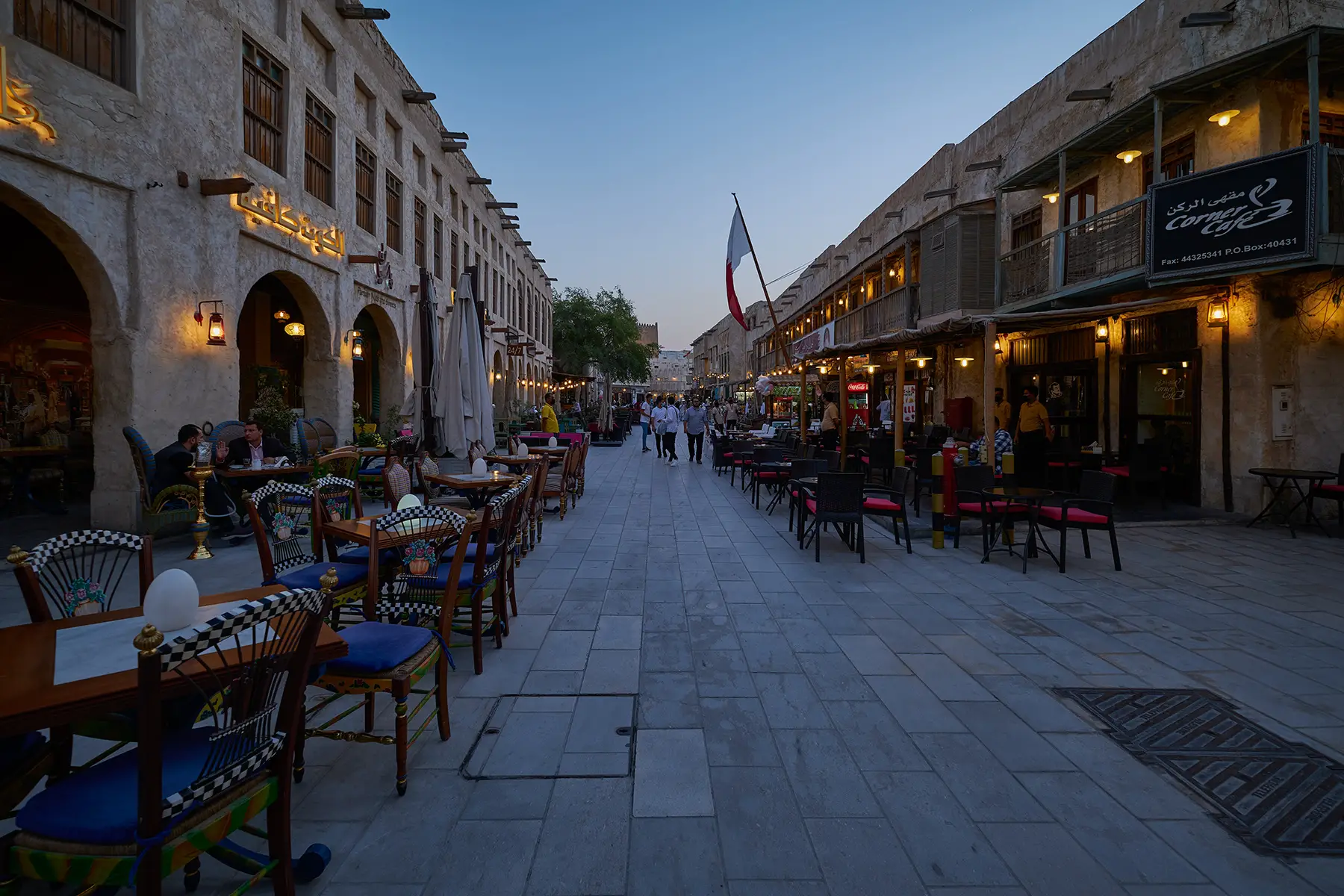 A pedestrian street full of restaurants in Doha, Qatar