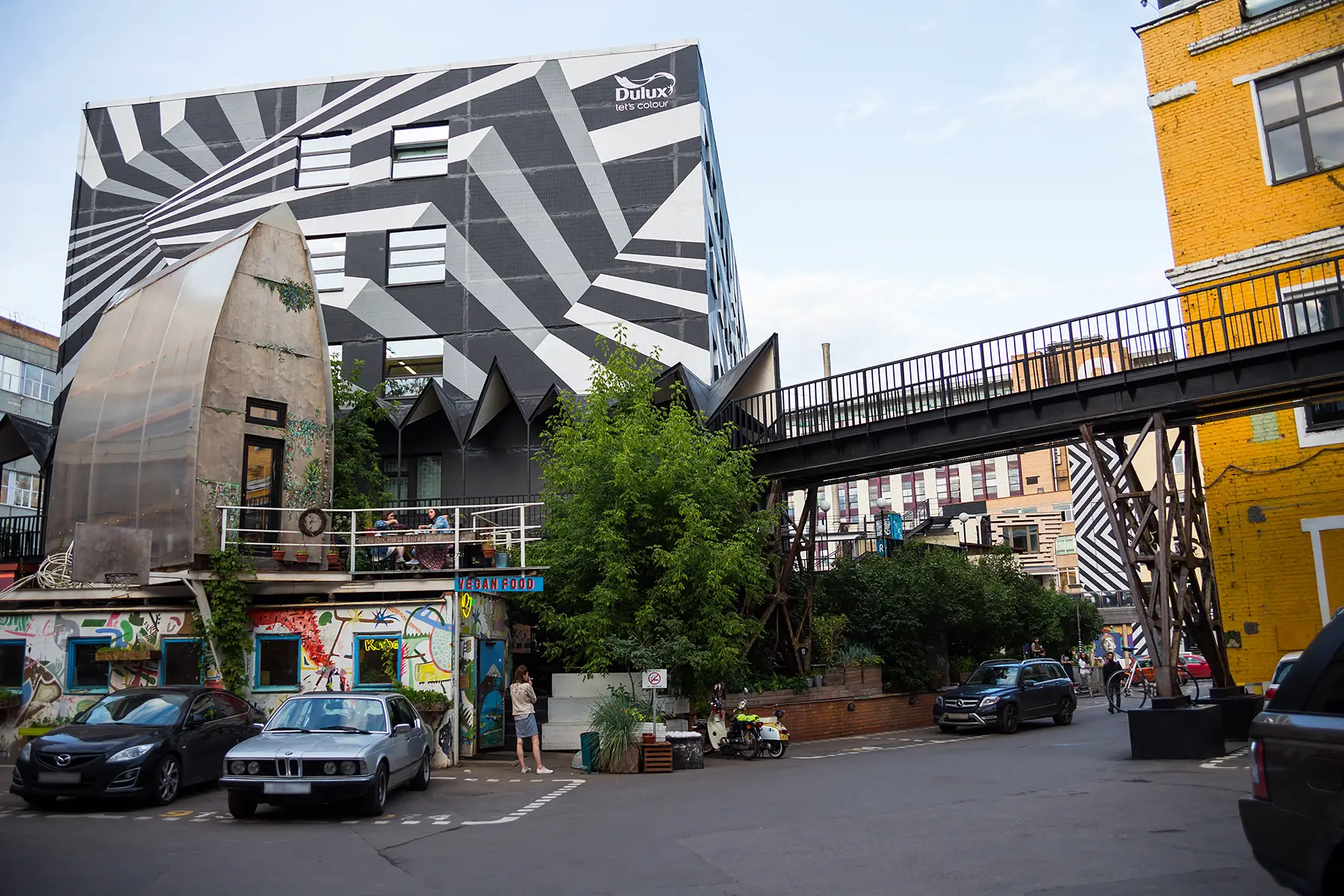 ARTPLAY design center, a black-and-white striped building with a bridge