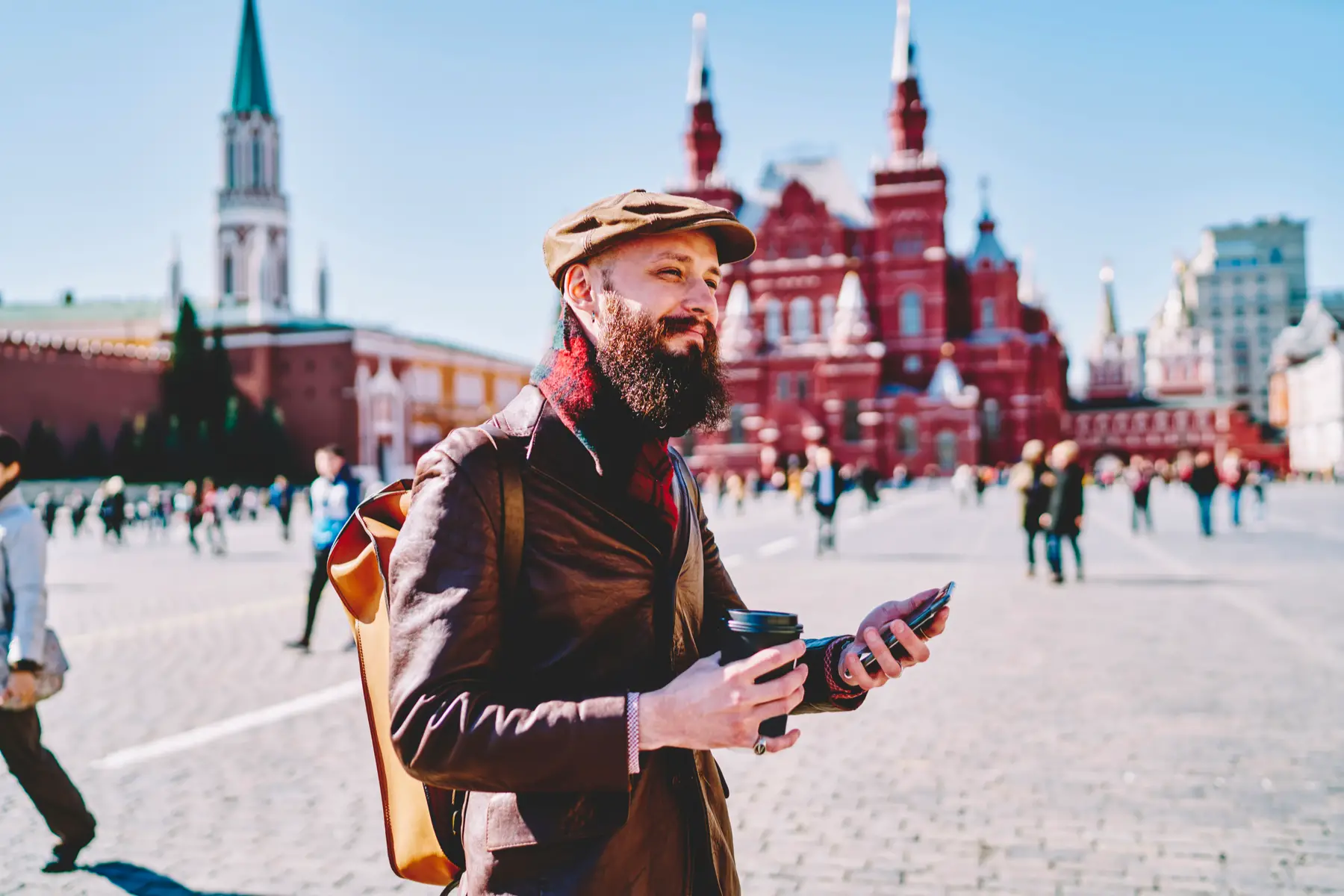 Man using his phone on Red Square in Moscow
