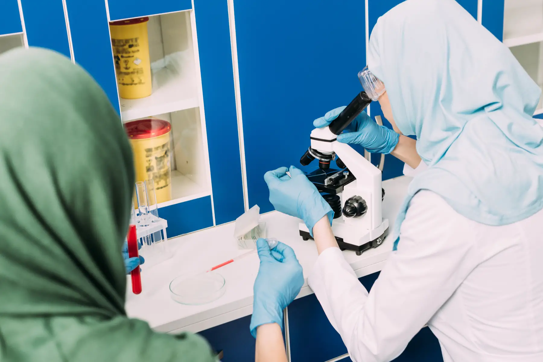 Lab technicians analyzing blood samples