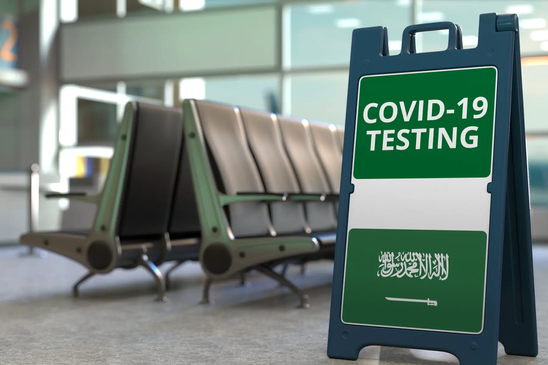 a COVID-19 testing sign in an airport in Saudi Arabia