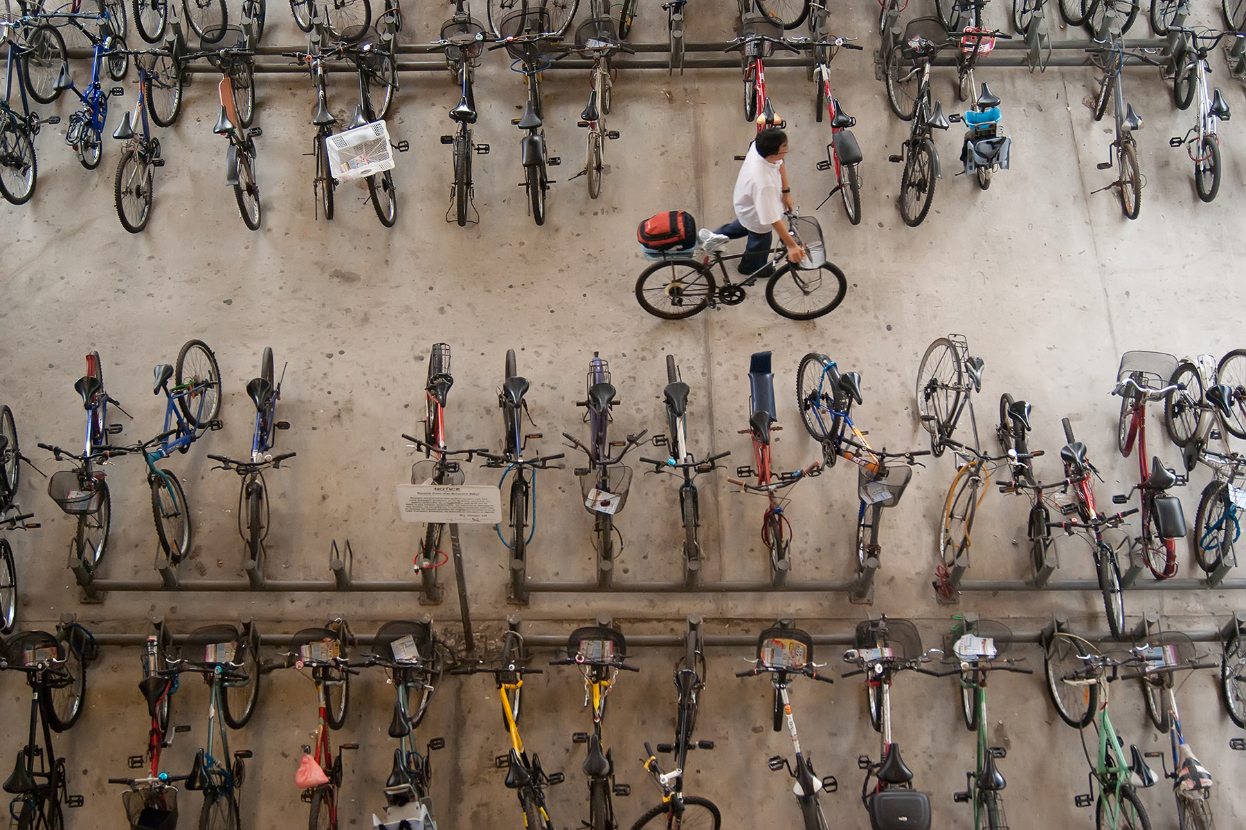Aerial view, man pushes his bicycle past rows of parked bicycles