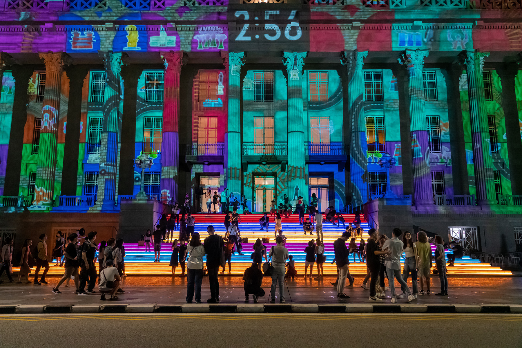 National Gallery in Singapore lit up with beautiful, colorful lights