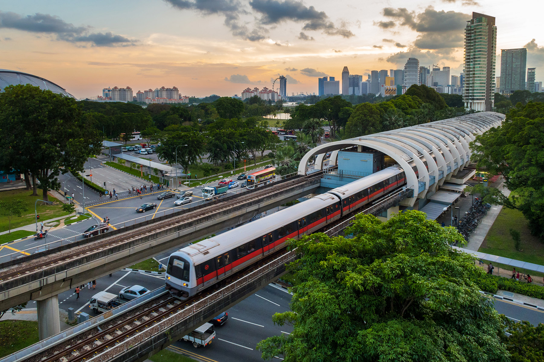 A high angle view of Singapore's Mass Rapid Transit (MRT) railway and train, Kallang Station
