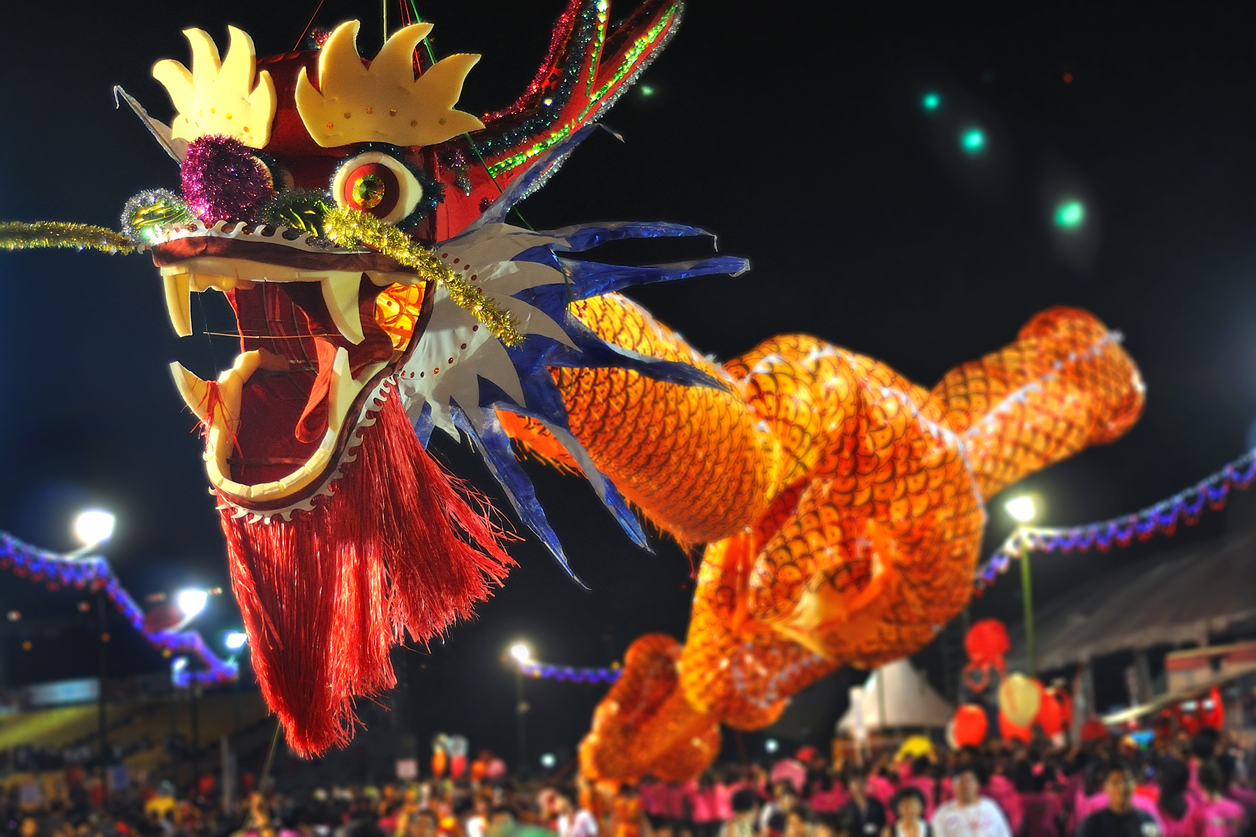 The longest floating air dragon in the Singapore Chingay Parade during Chinese New Year celebrations

