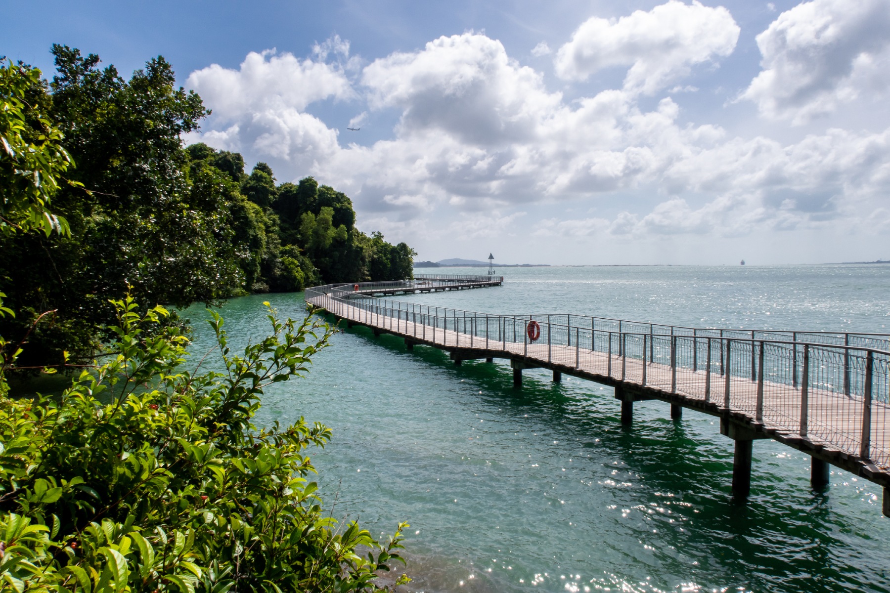 Chek Jawa Broadwalk Jetty, a wooden platform in the mangrove forest wetlands overlooking the sea on Pulau Ubin Island in Singapore